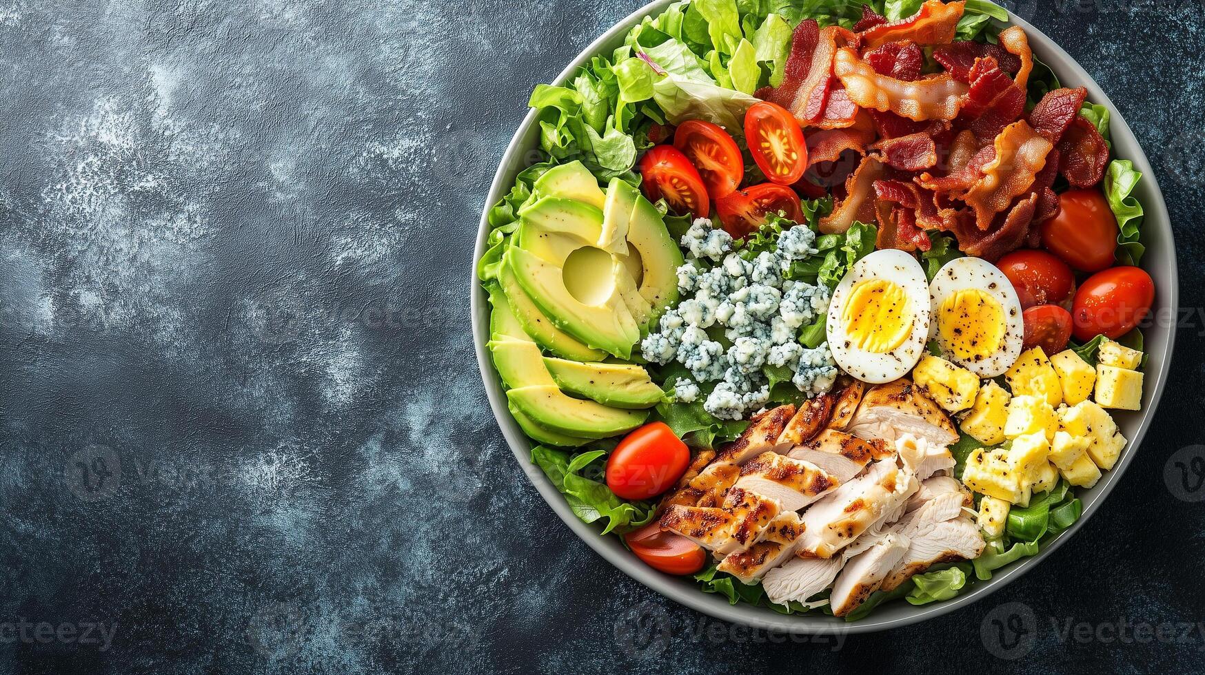 Cobb salad in a bowl arranged with chicken, bacon, avocado, eggs, tomatoes, and blue cheese crumbles, culinary photography photo