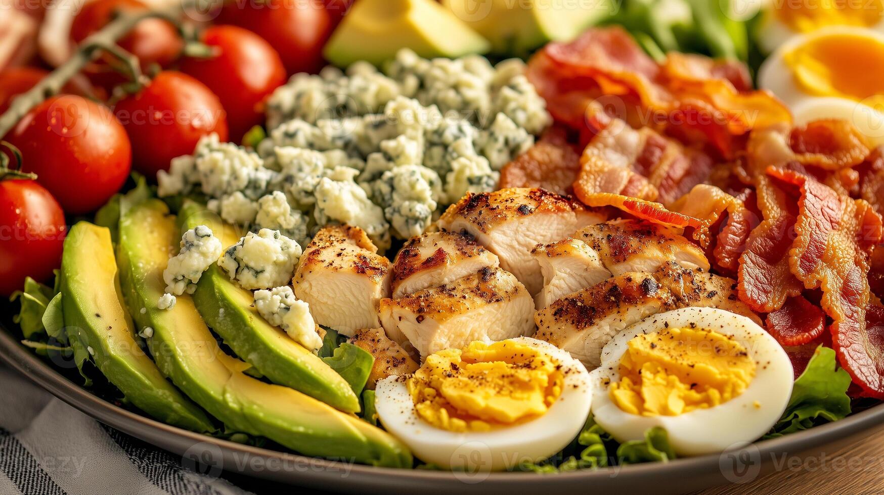 Cobb salad in a dish with rows of chicken, bacon, eggs, avocado, tomatoes, and blue cheese, food photography photo