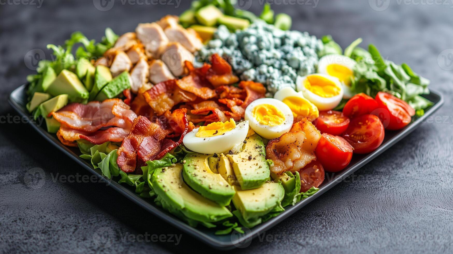 Cobb salad on a square plate with rows of chicken, bacon, eggs, avocado, tomatoes, and blue cheese, culinary photography photo