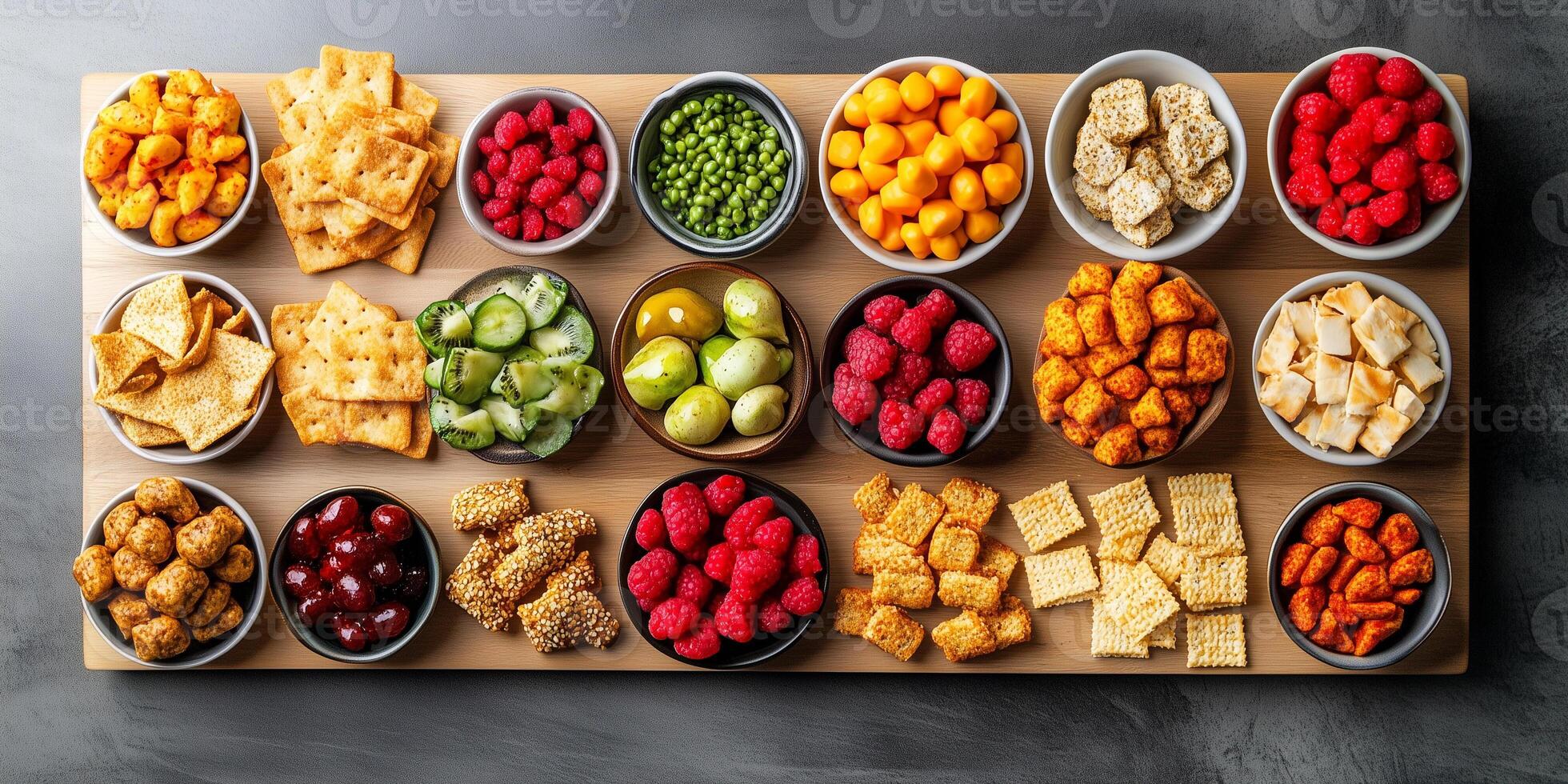 Various bite-sized snacks displayed on a wooden board in organized pattern, food photography photo