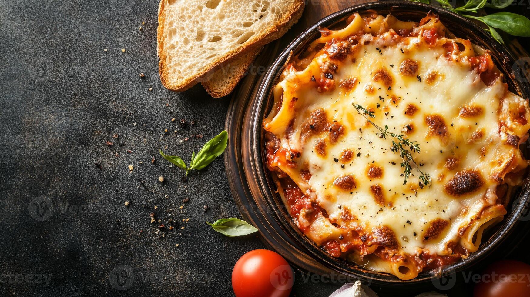 Baked portion of lasagna with pasta, cheese, and sauce, arranged on a plate with bread, gastronomy photography photo