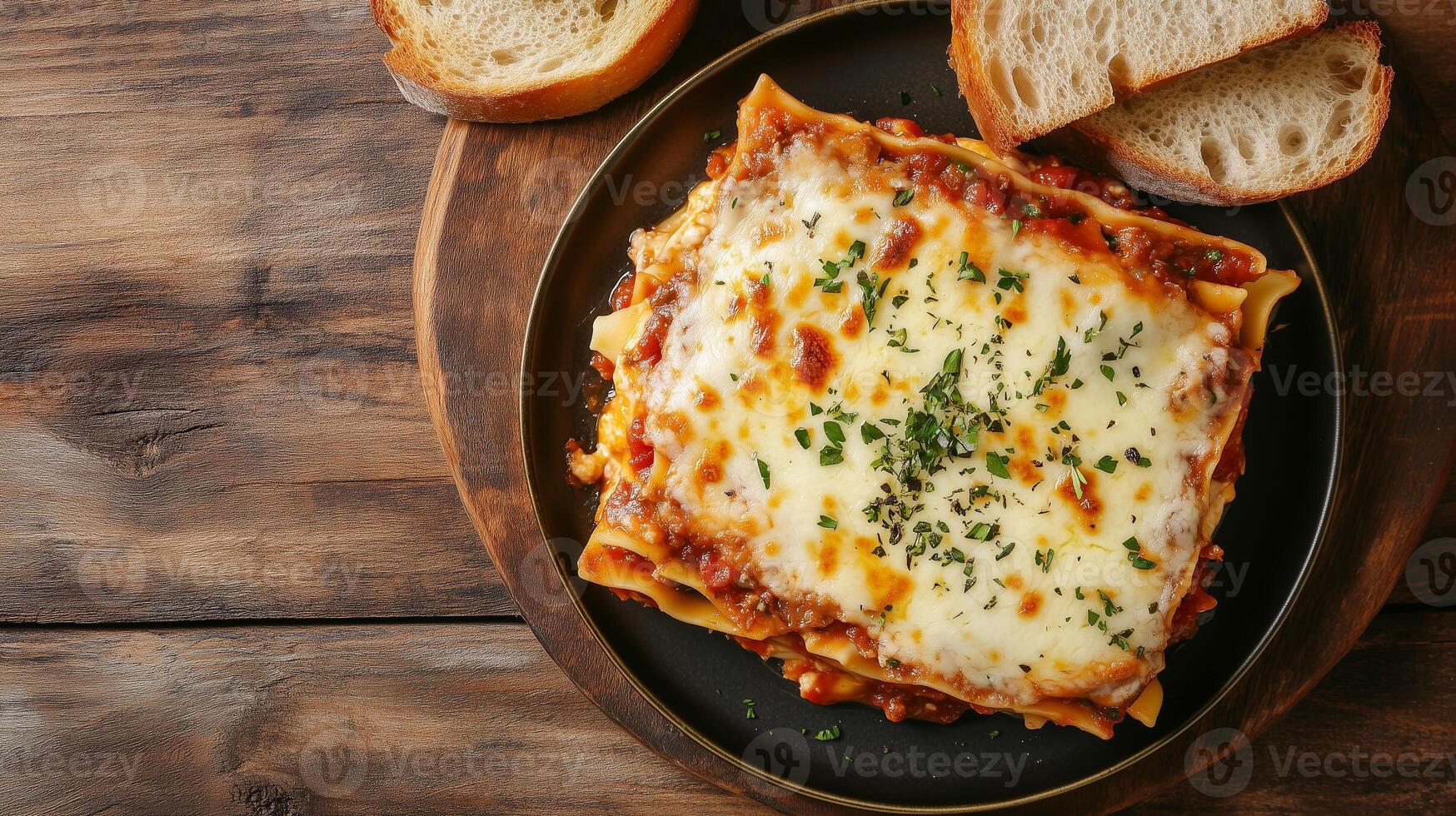 Baked portion of lasagna with pasta, cheese, and sauce, arranged on a plate with bread, photorealistic food photo
