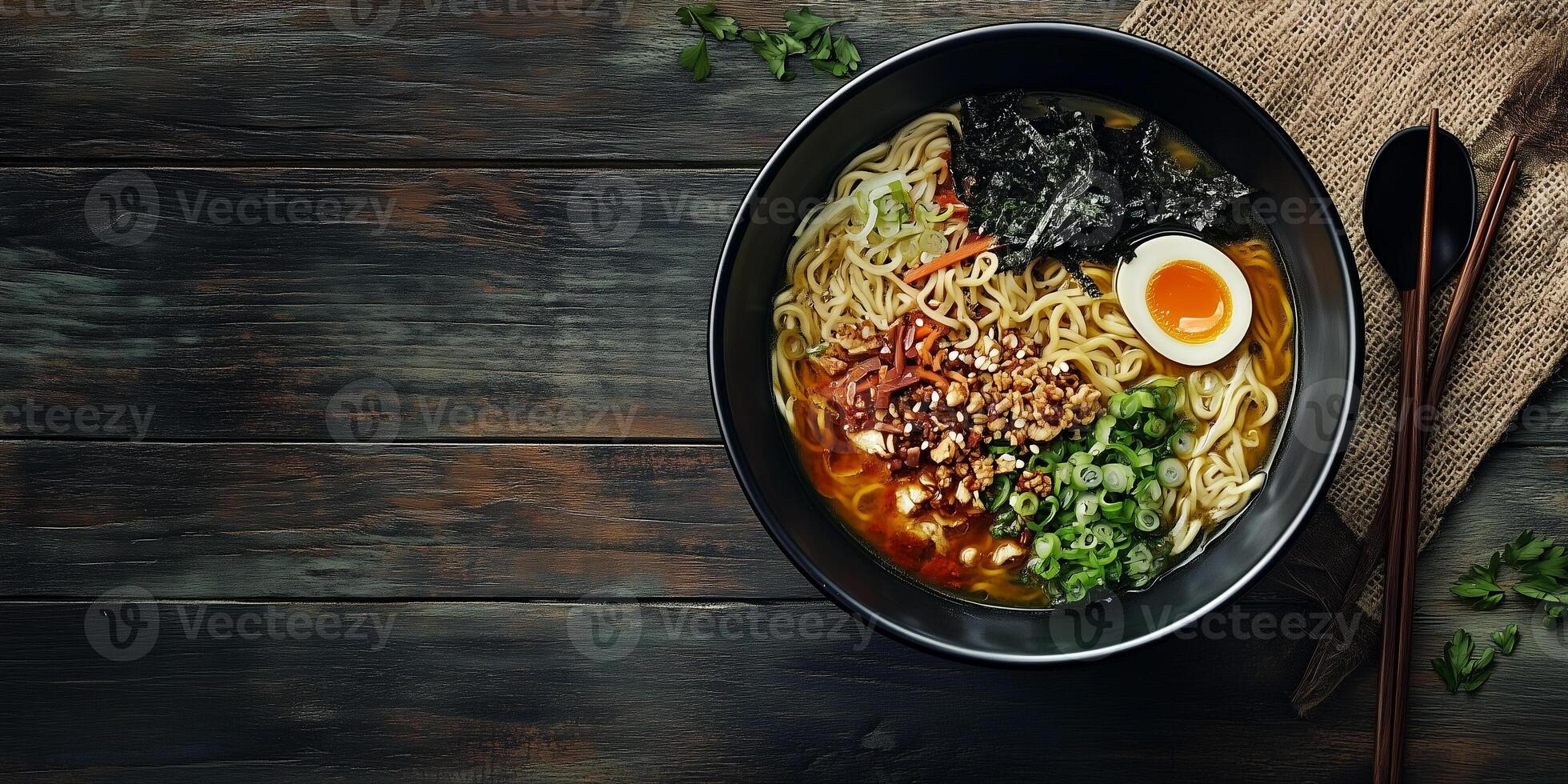 Ramen bowl with broth, noodles, and toppings, surrounded by chopsticks and spoon, gastronomy photography photo