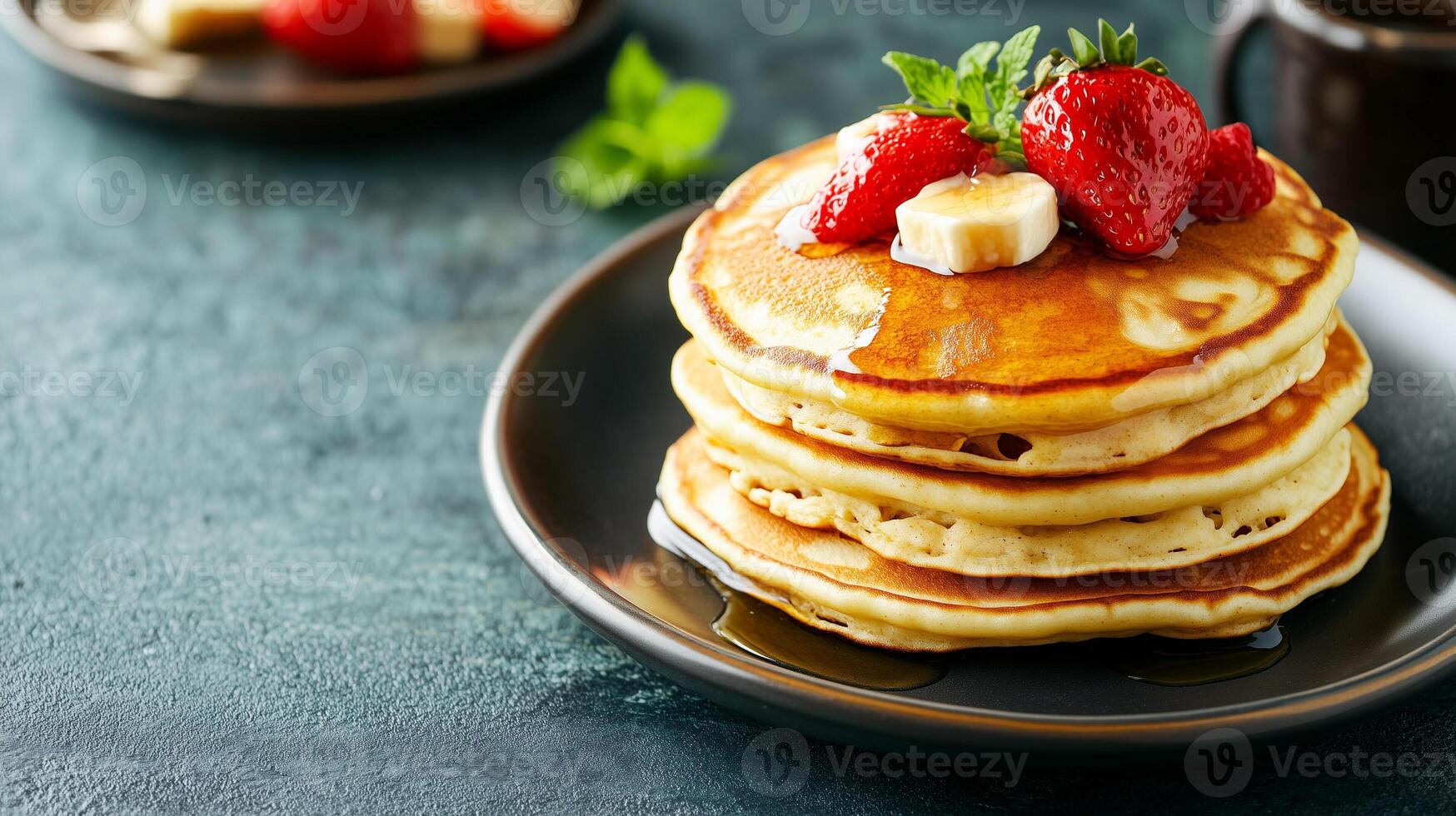 Breakfast plate with a stack of three round buttermilk pancakes, gastronomy photography photo