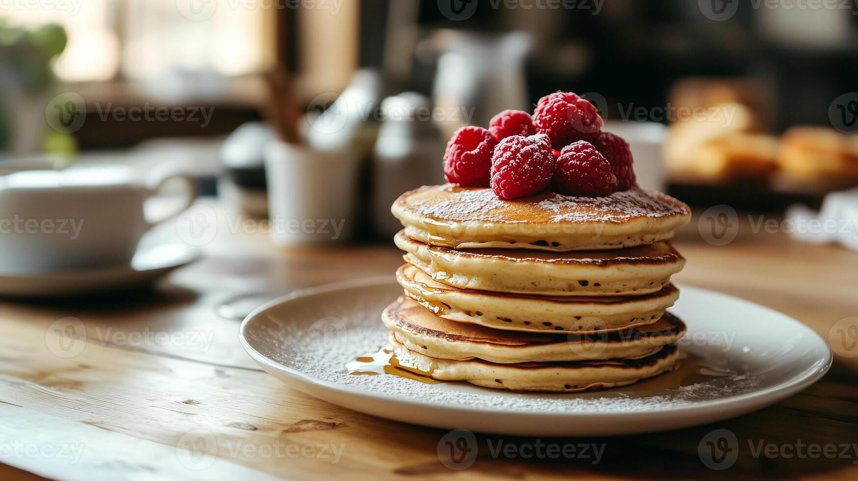 Breakfast table with a stack of buttermilk pancakes on a white plate, photorealistic food photo