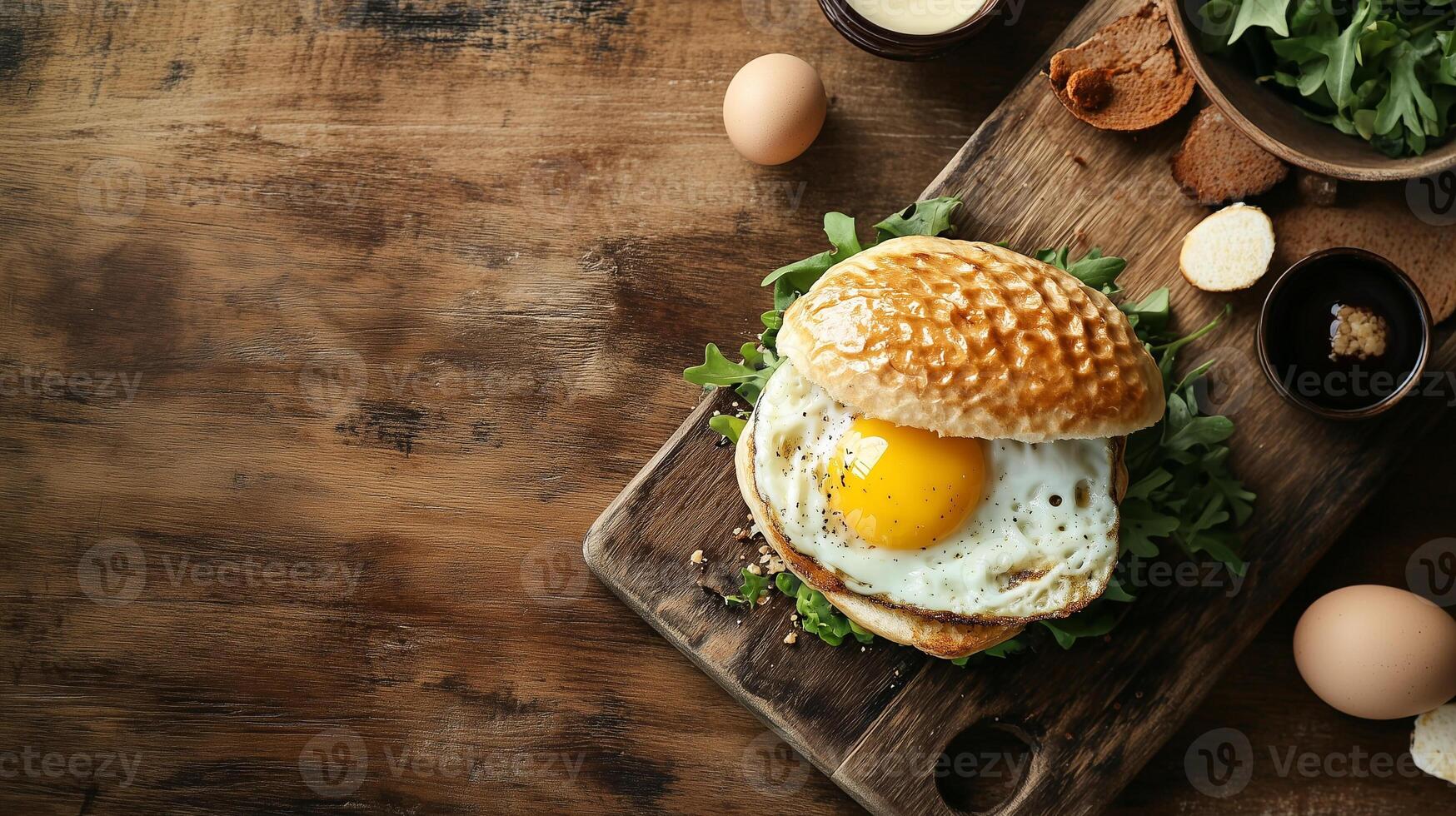Breakfast table with a single egg and cheese sandwich placed in the center, gastronomy photography photo