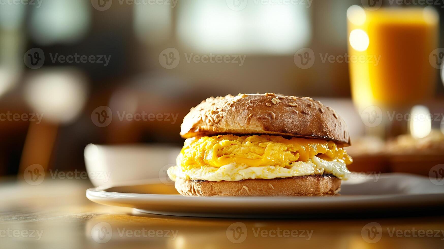 Breakfast table with a single egg and cheese sandwich placed in the center, photorealistic food photo