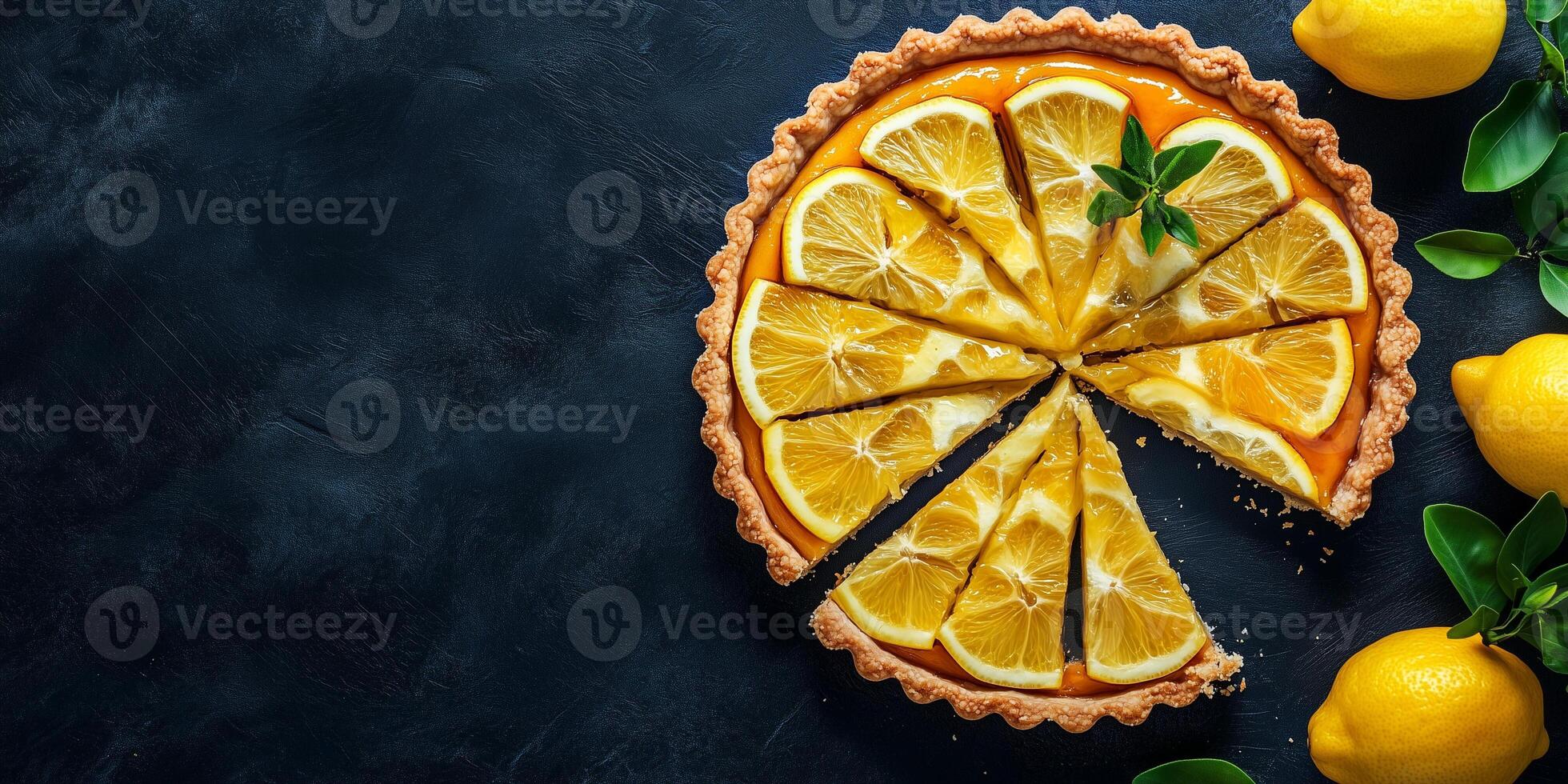 Circular tart filled with bright lemon mixture, cut into wedges and displayed, photorealistic food photo