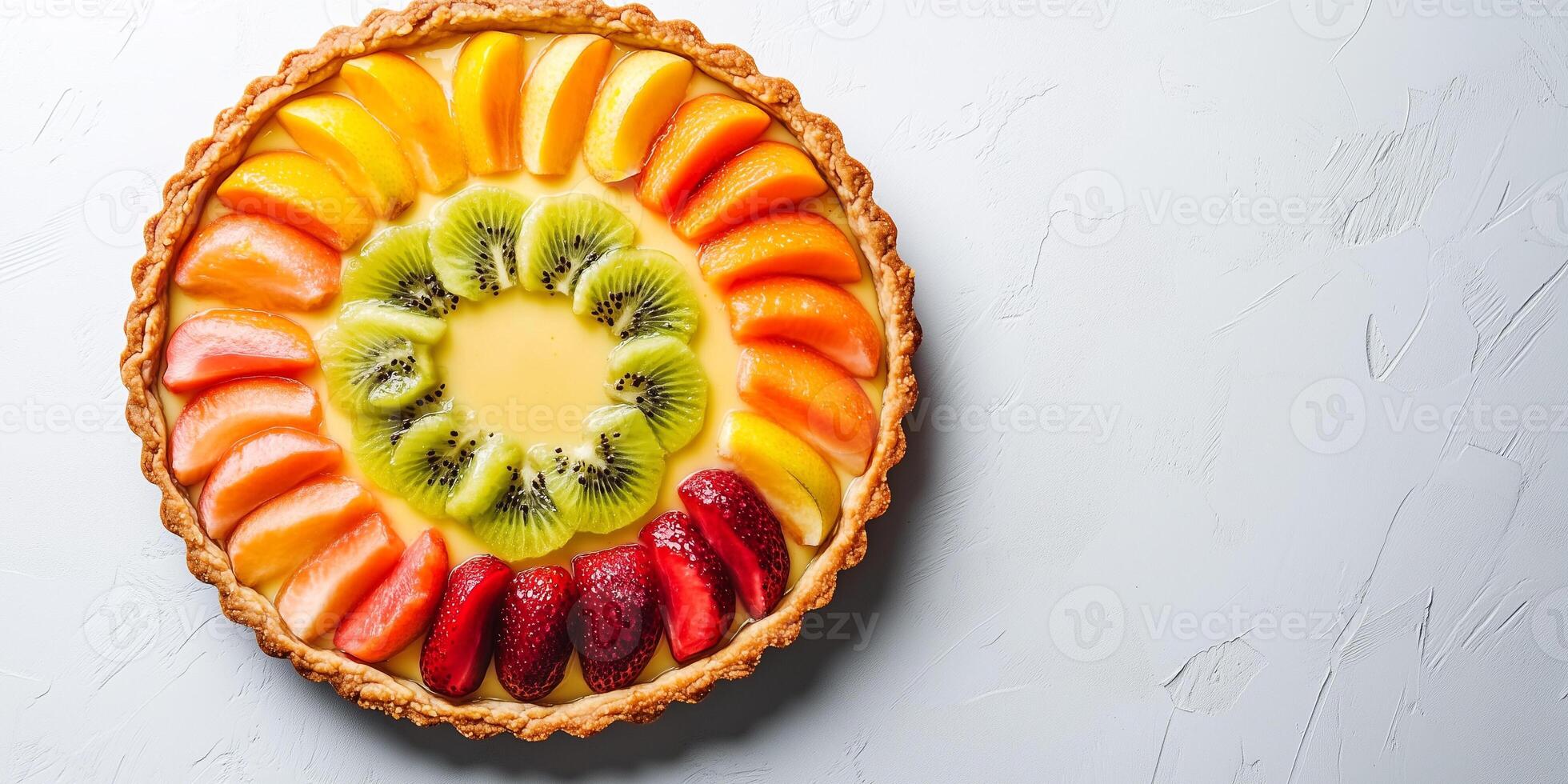 Circular tart with custard filling, topped with evenly spaced fruit slices in rows, gastronomy photography photo