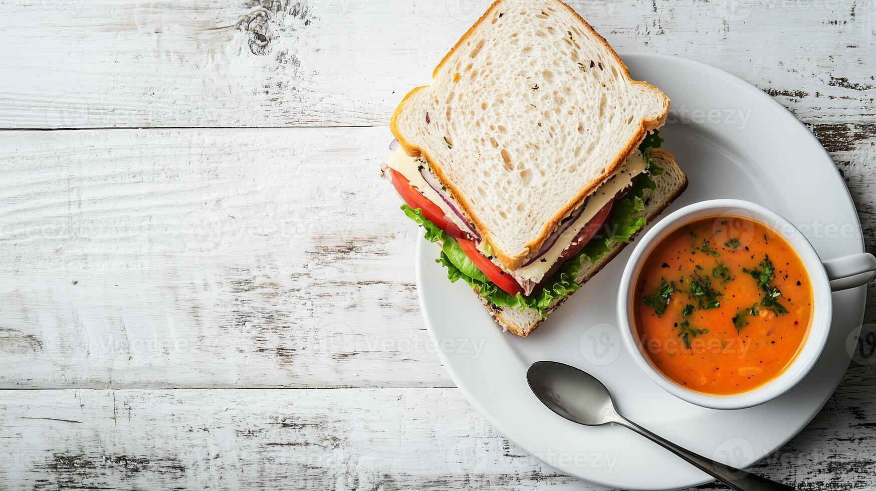 Classic deli sandwich on a white plate beside a cup of soup, gastronomy photography photo