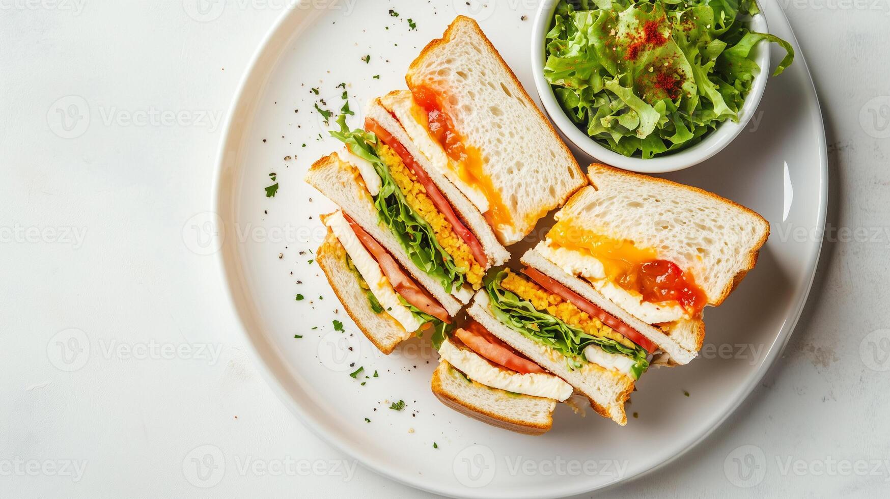 Club sandwich arranged neatly on a white ceramic dish with a small bowl of salad, gastronomy photography photo