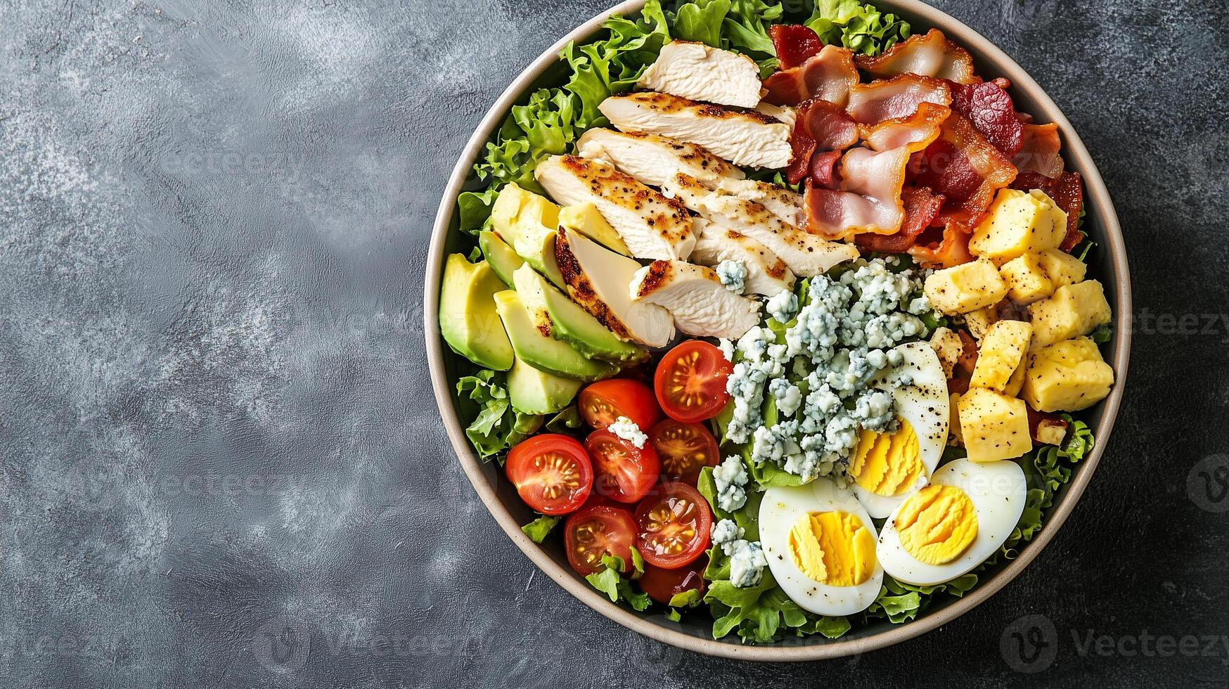 Cobb salad in a round bowl with chicken, bacon, avocado, eggs, tomatoes, and blue cheese crumbles, photorealistic food photo