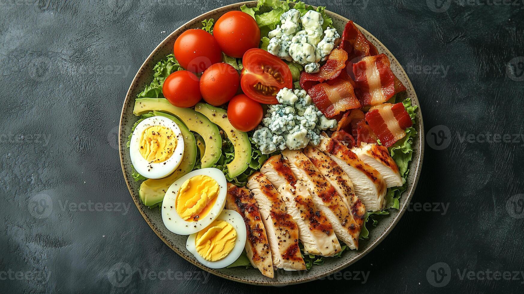 Cobb salad on a plate with rows of chicken, bacon, avocado, eggs, tomatoes, and blue cheese, gastronomy photography photo