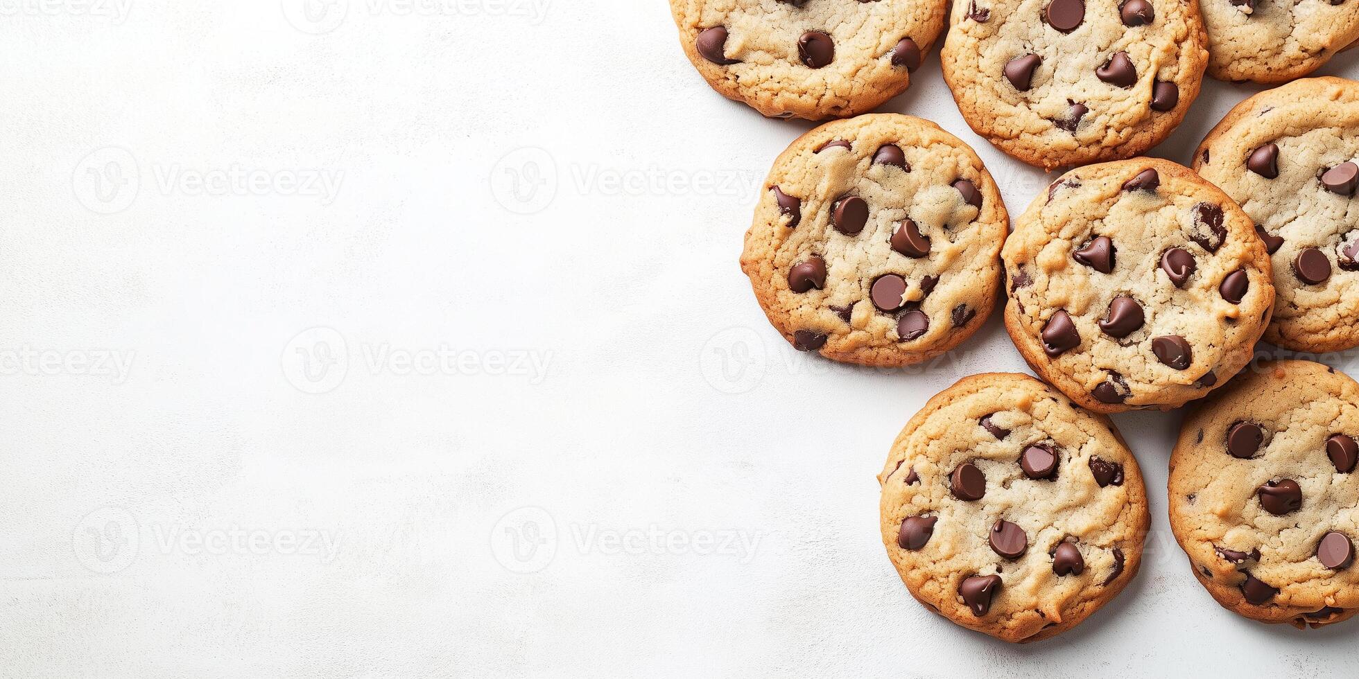 Group of chocolate chip cookies neatly arranged on a flat surface, photorealistic food photo