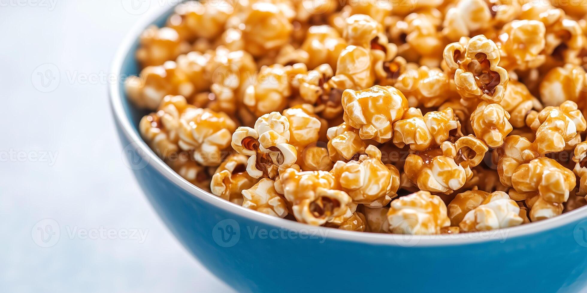 Large bowl of caramel corn, with coated popcorn kernels overflowing, photorealistic food photo
