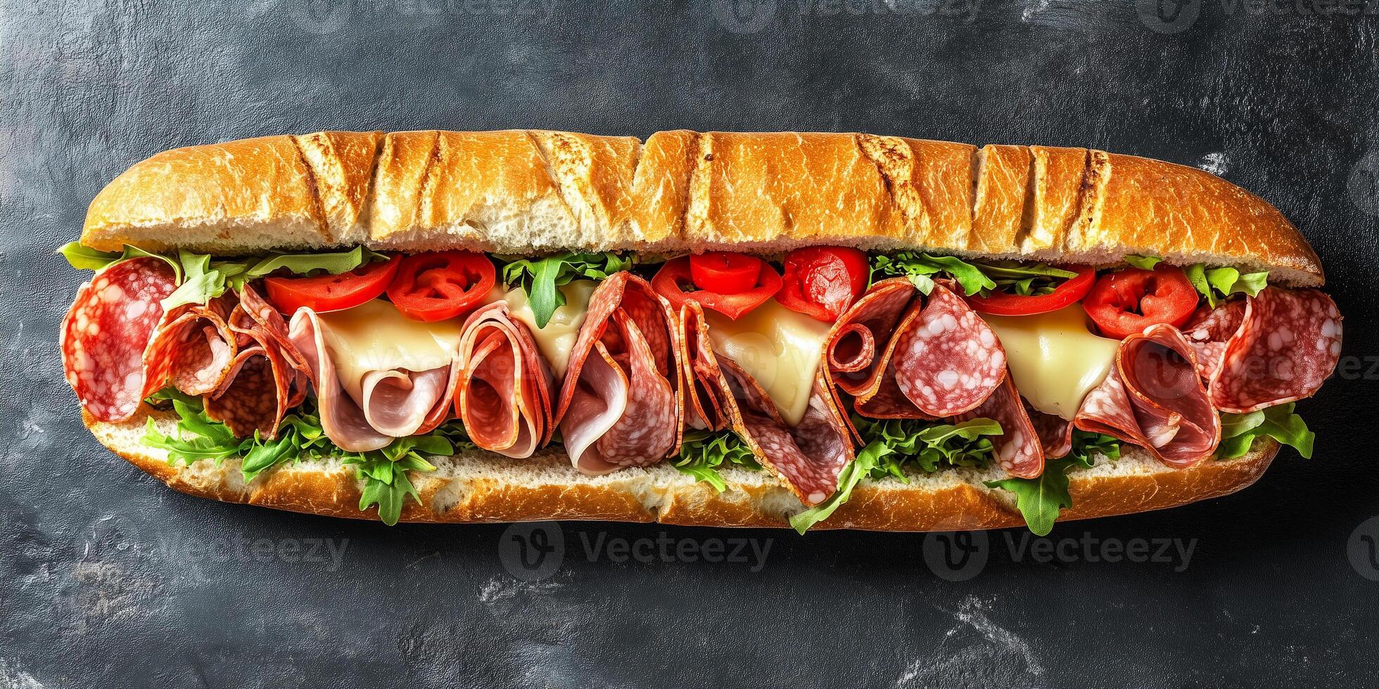Large Italian sub on flat surface, filled with various meats and cheese, photorealistic food photo
