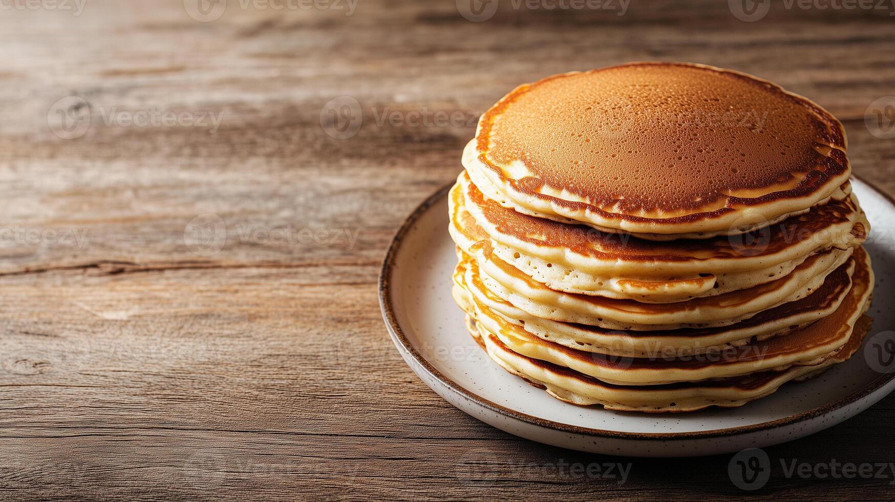 Neatly arranged stack of buttermilk pancakes on a round plate, photorealistic food photo