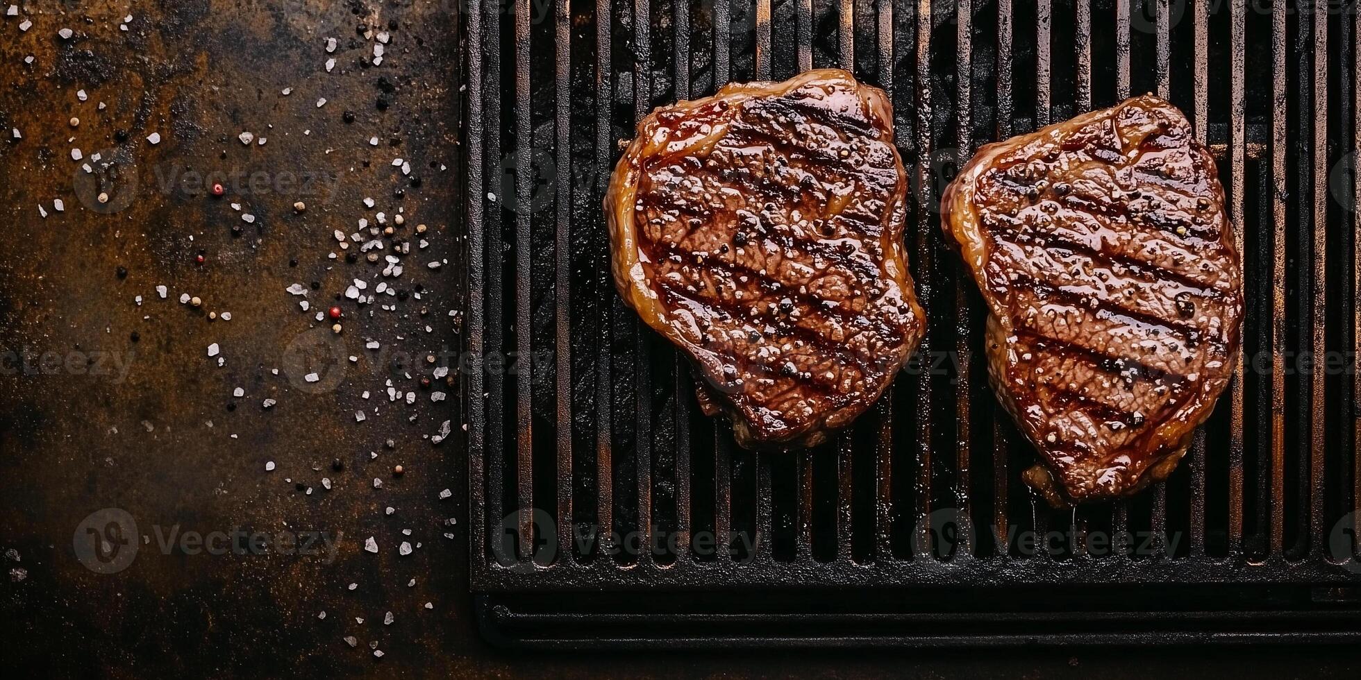 Pair of steaks side by side on a metal grill with char marks, gastronomy photography photo