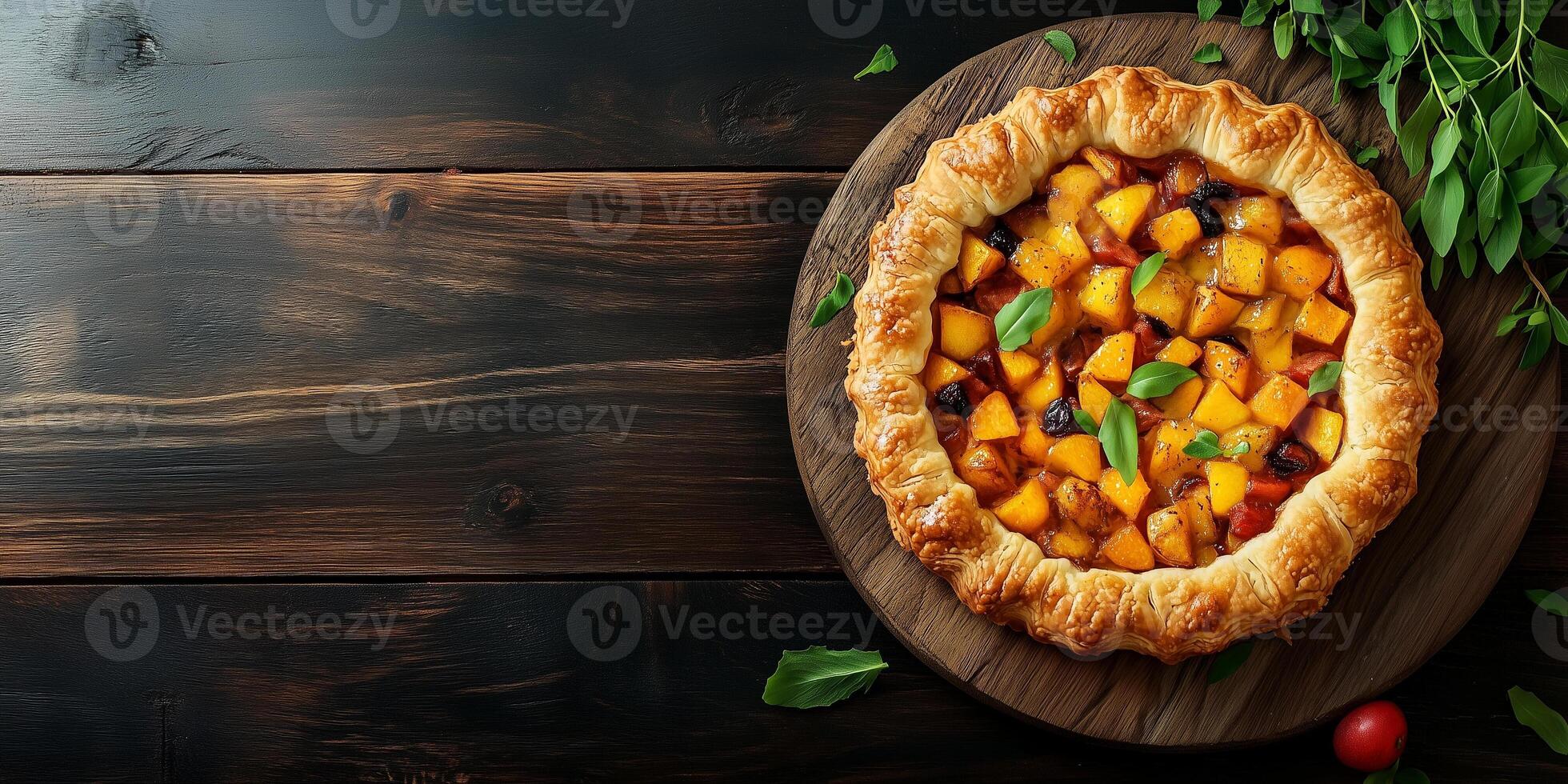 Pastry with a golden crust, filled with cooked fruit, placed on a wooden board, photorealistic food photo