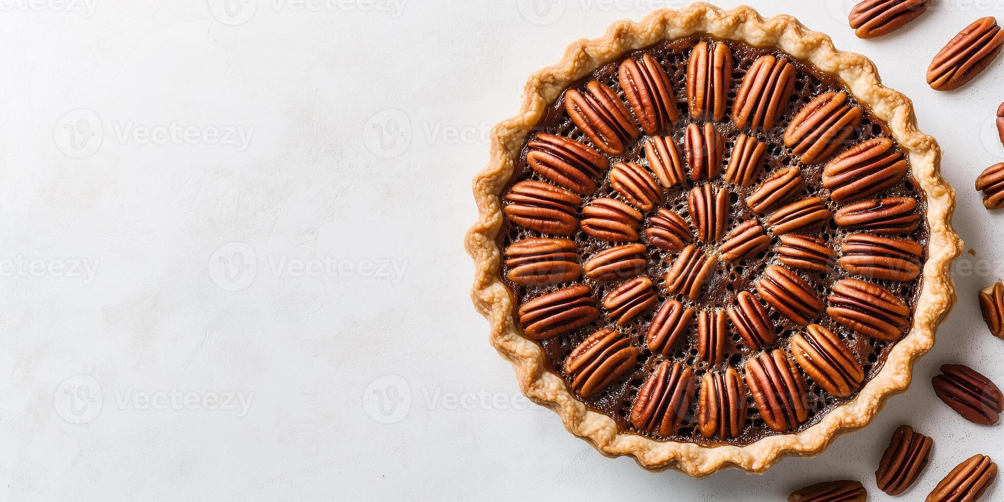 Pecan pie with a glossy top, filled with whole pecans arranged in a circular pattern, photorealistic food photo