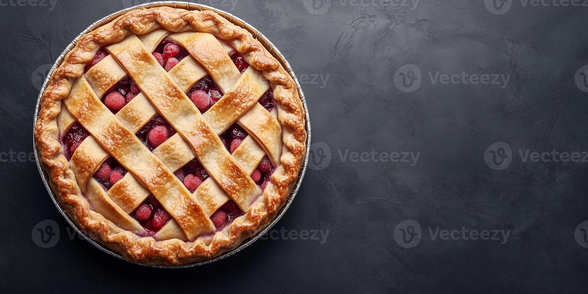 Pie featuring a woven top, filled with a mixture of fruit and baked to completion, gastronomy photography photo