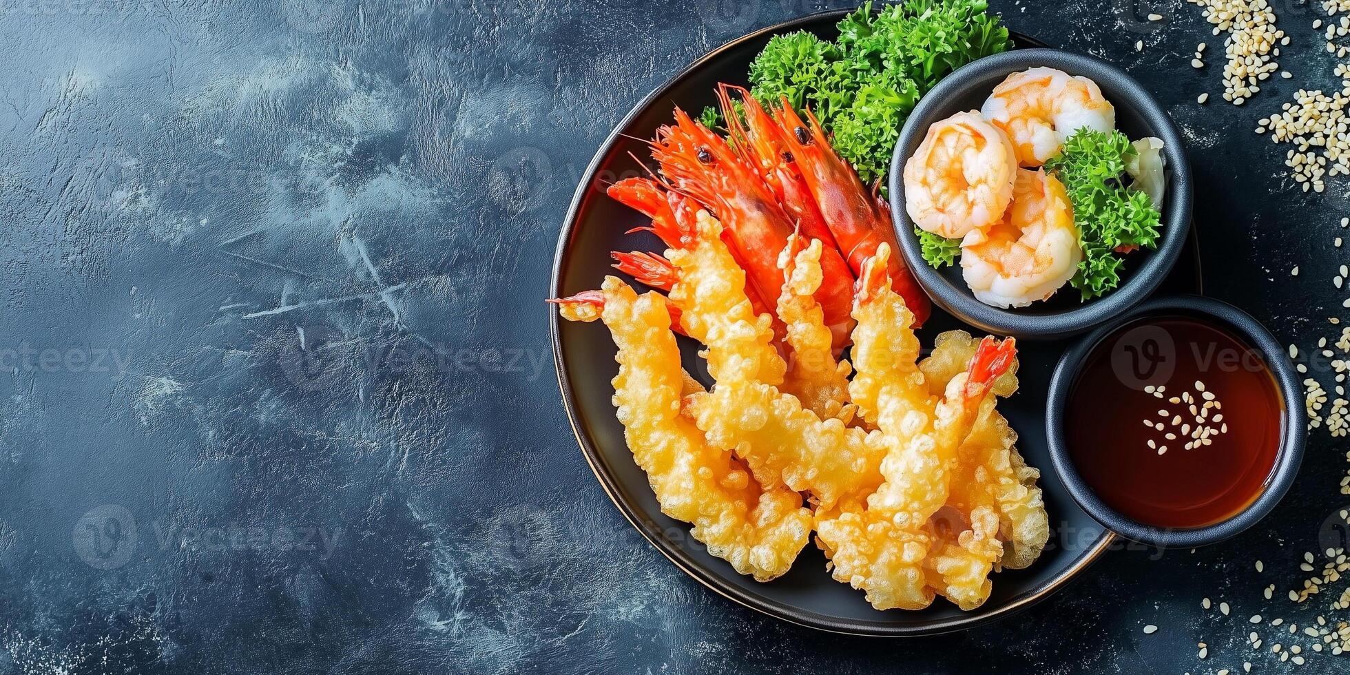 Plate of tempura with vegetables and shrimp, served with a dipping sauce dish, gastronomy photography photo