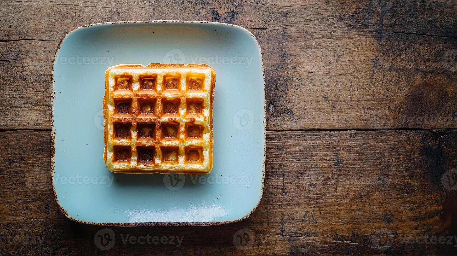 Plate with a single Belgian waffle centered on a square dish, gastronomy photography photo