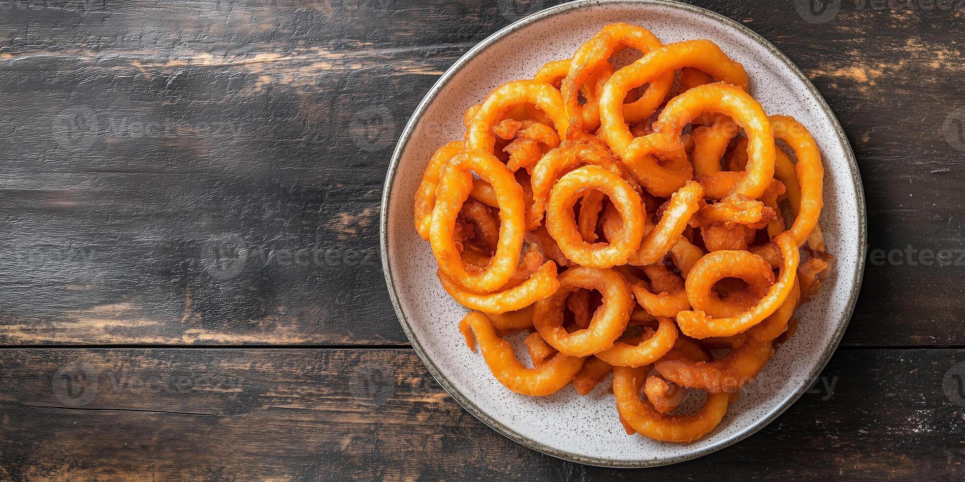 Small pile of curly fries neatly arranged on a plate, photorealistic food photo