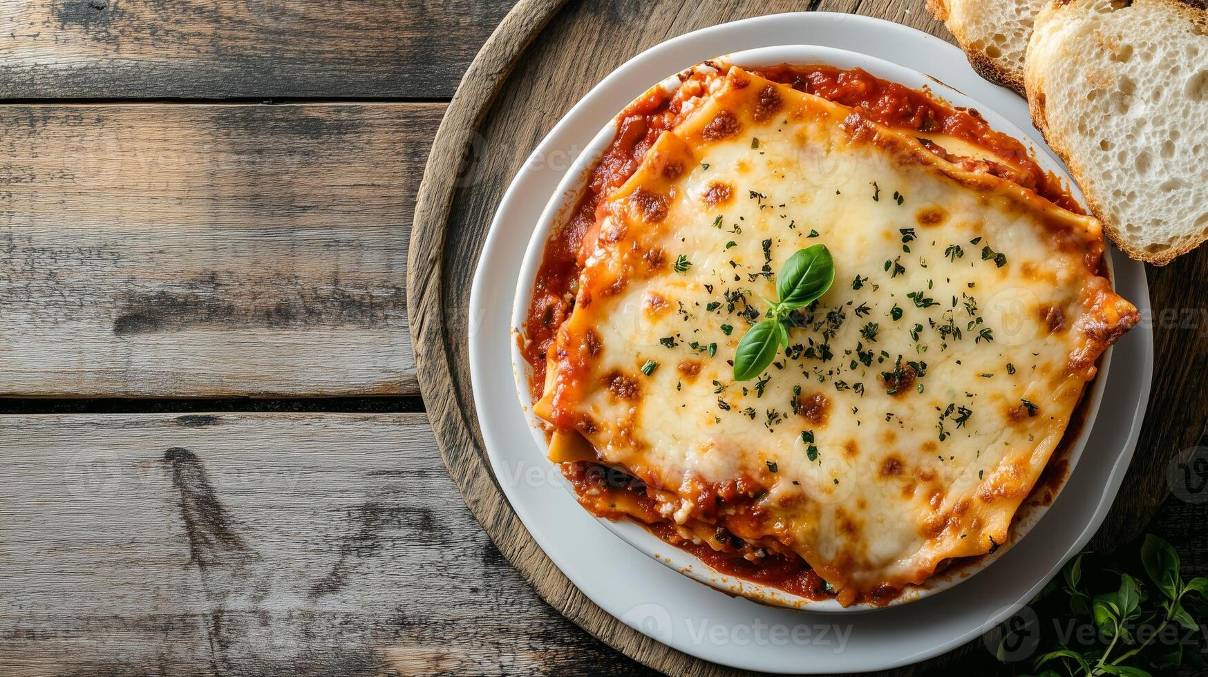 Portion of baked lasagna with layers of pasta, cheese, and sauce, served with bread, gastronomy photography photo