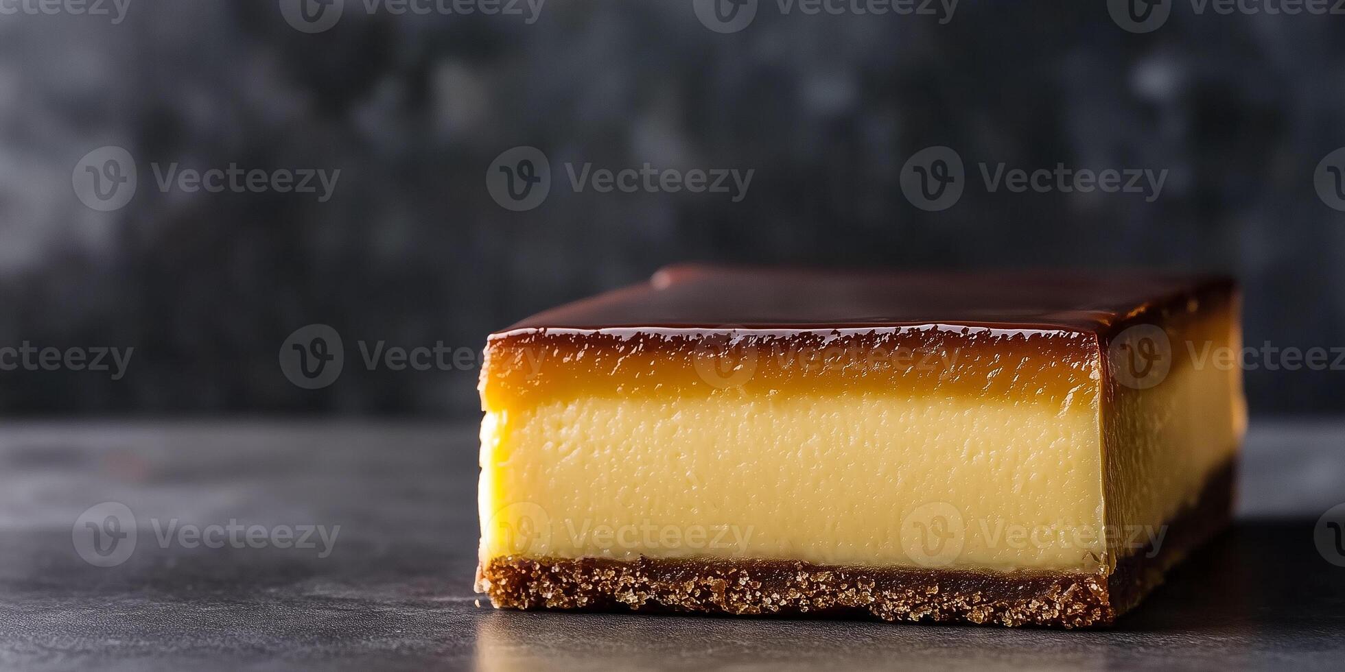 Rectangular dessert with thick creamy filling and shiny glaze on top, photorealistic food photo
