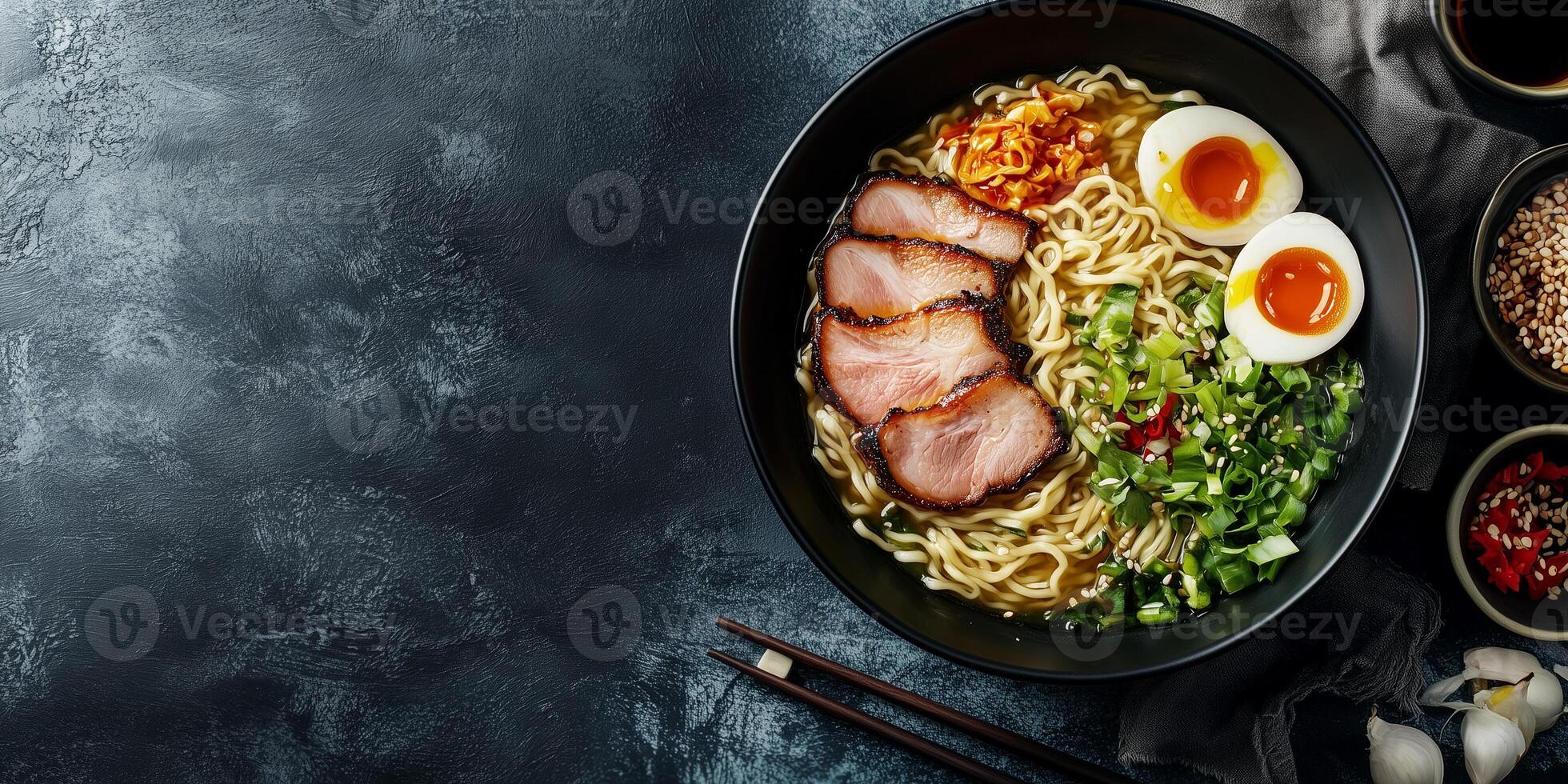 Ramen dish with noodles, meat, and vegetables on a table, photorealistic food photo