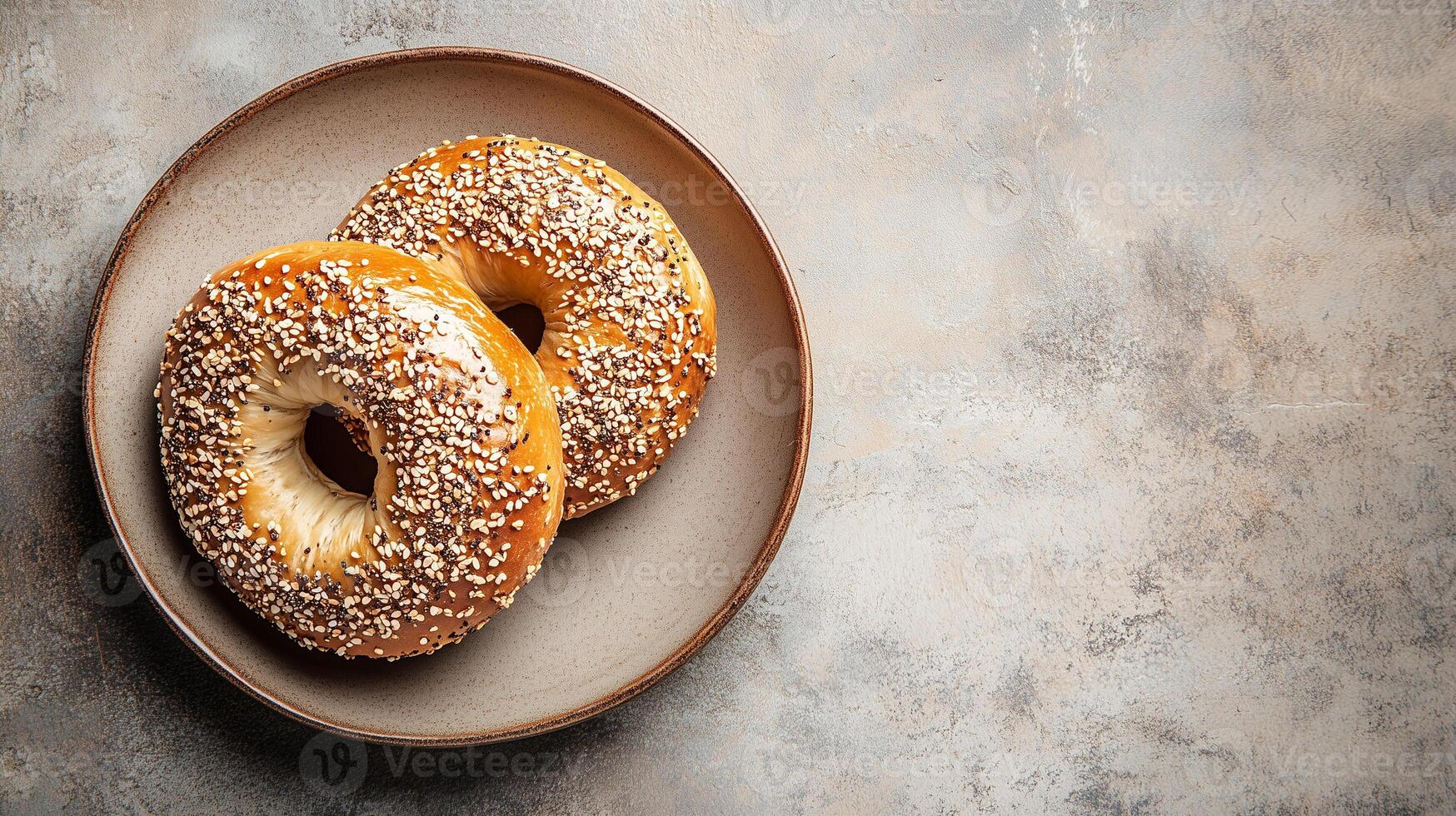 Round plate with a bagel cut in half, each side evenly spread, photorealistic food photo