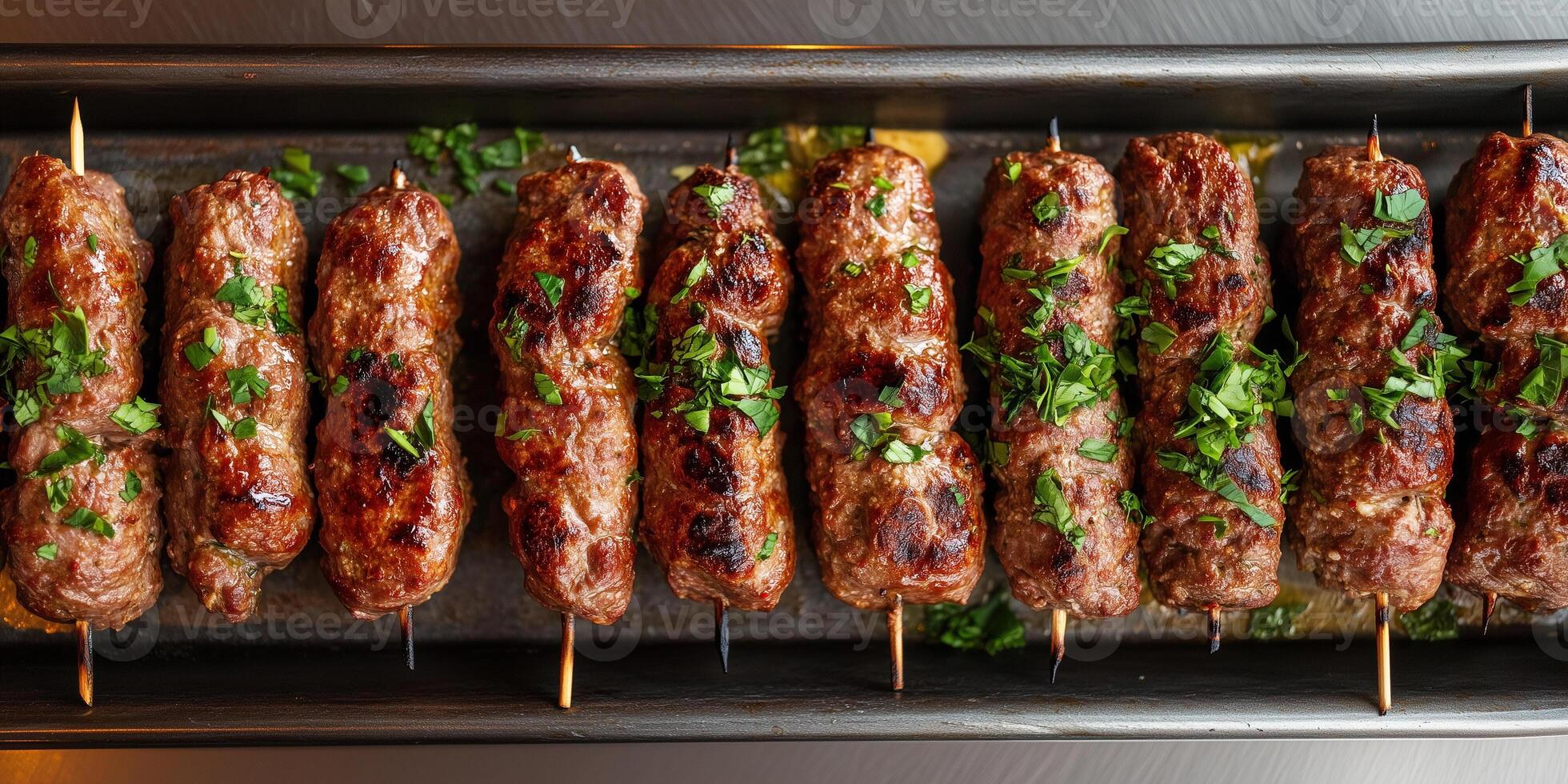 Row of beef kebabs on a metal tray, centered and parallel, photorealistic food photo