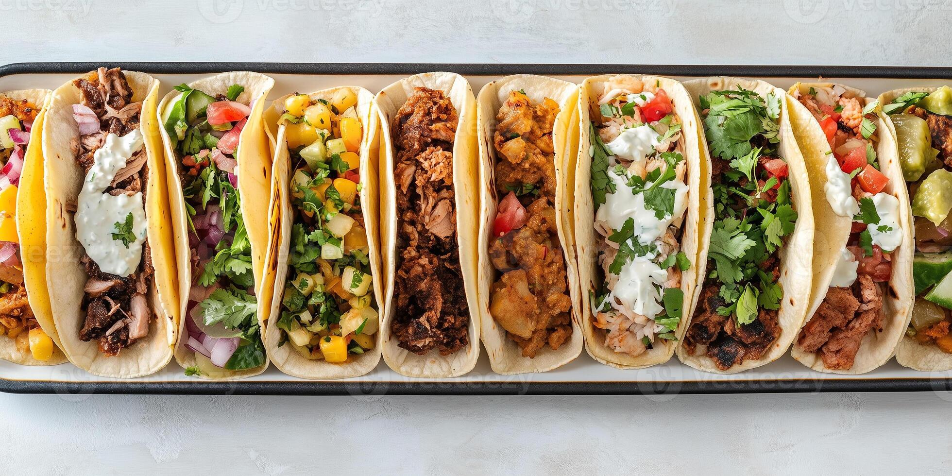 Row of tacos with different fillings, arranged side by side on a rectangular plate, gastronomy photography photo