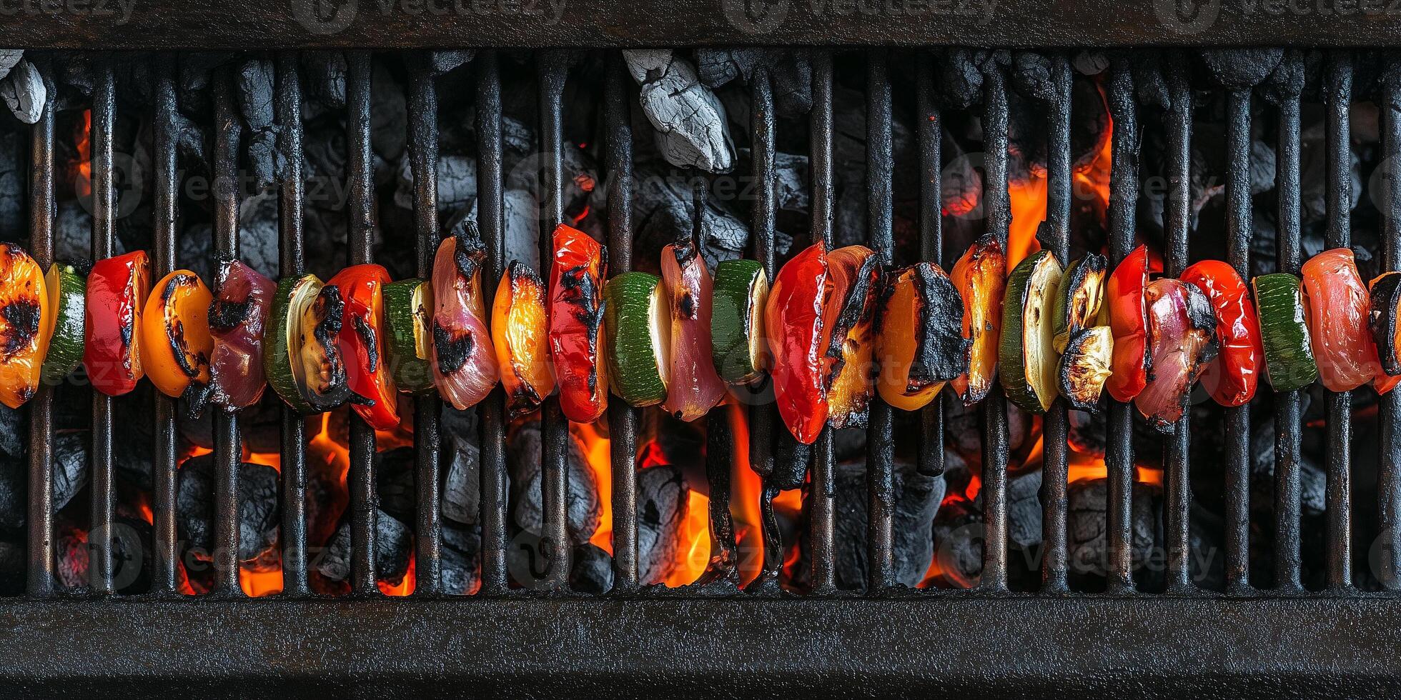 Vegetable skewers symmetrically placed on a hot grill over coals, gastronomy photography photo