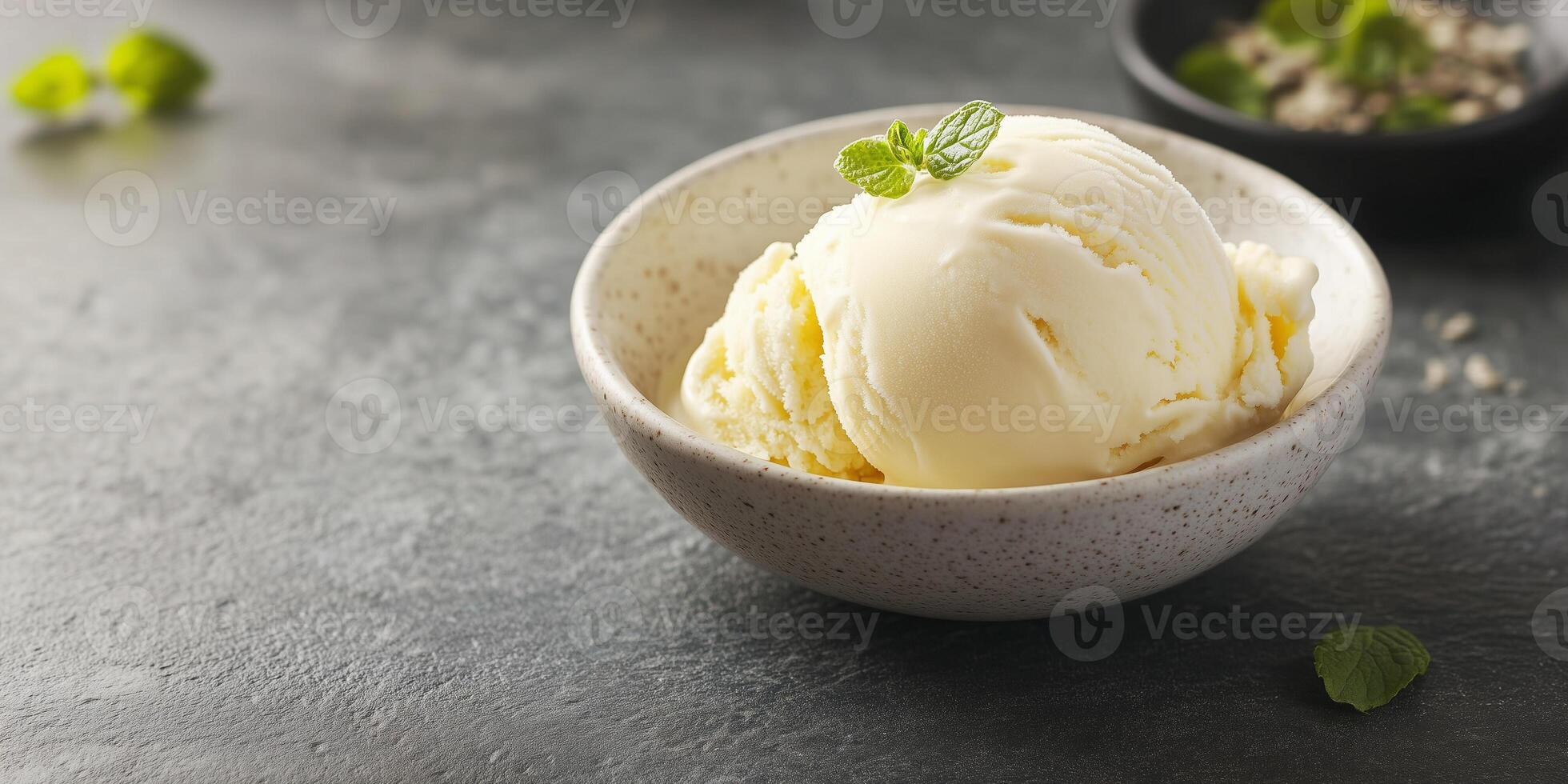 Single scoop of vanilla ice cream in a small dish with smooth, even surface, gastronomy photography photo