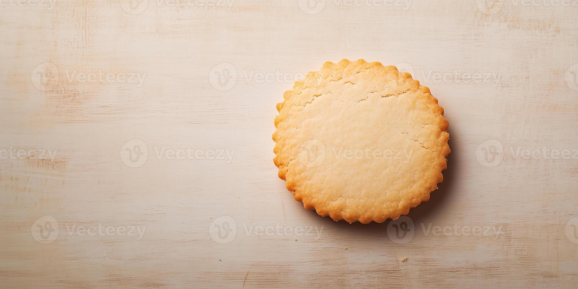 Single shortbread cookie on a flat surface, showing its uniform shape, photorealistic food photo
