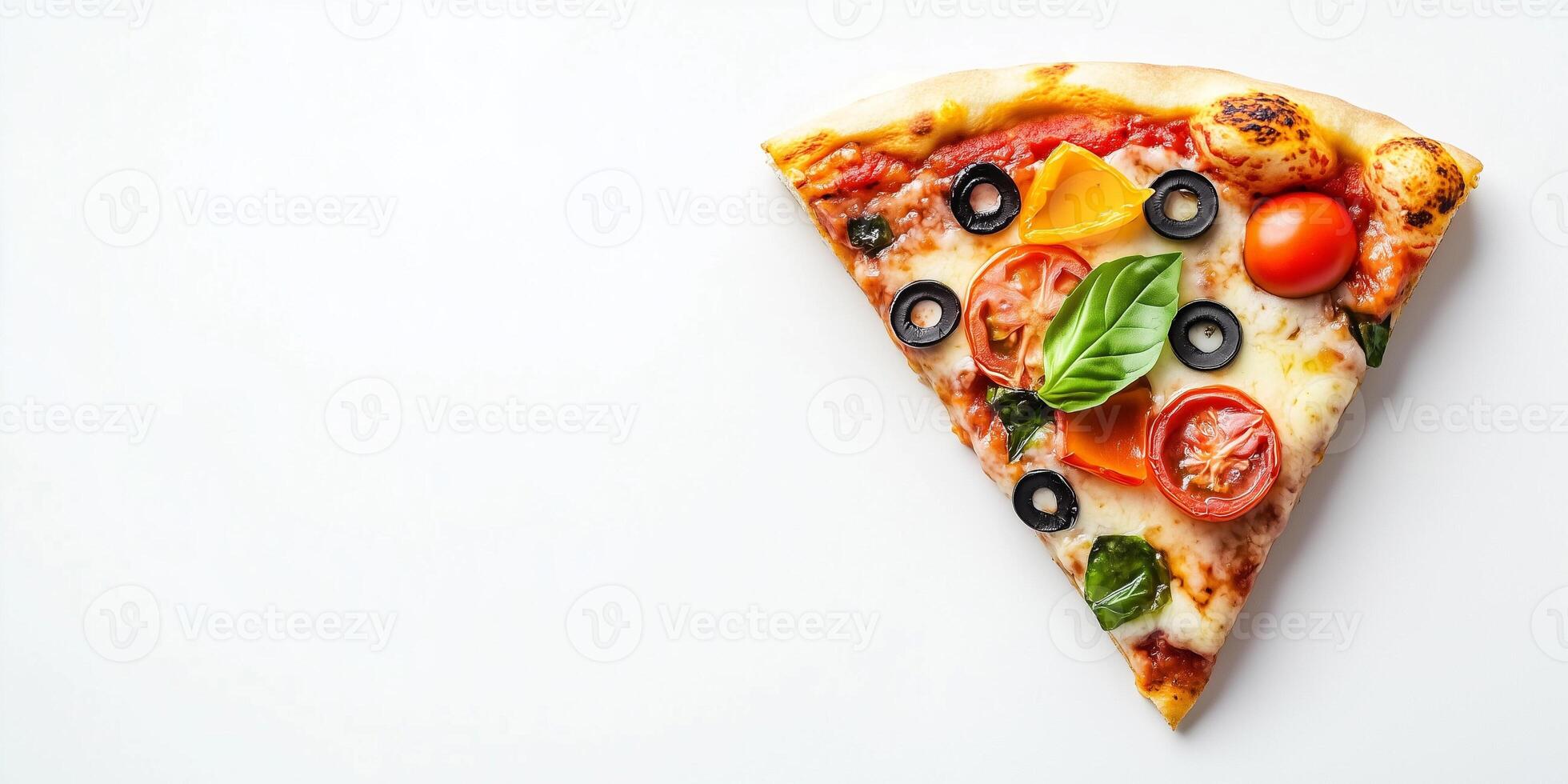 Single vegetarian pizza slice with various vegetable toppings on a white background, photorealistic food photo