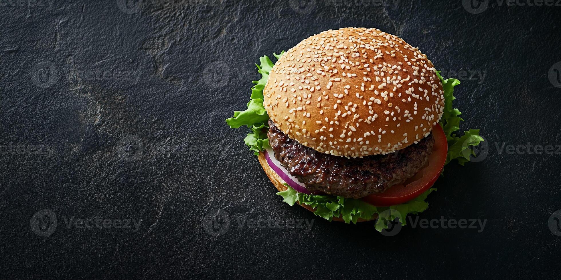 Single small burger with patty and fillings, lying flat on a background, gastronomy photography photo