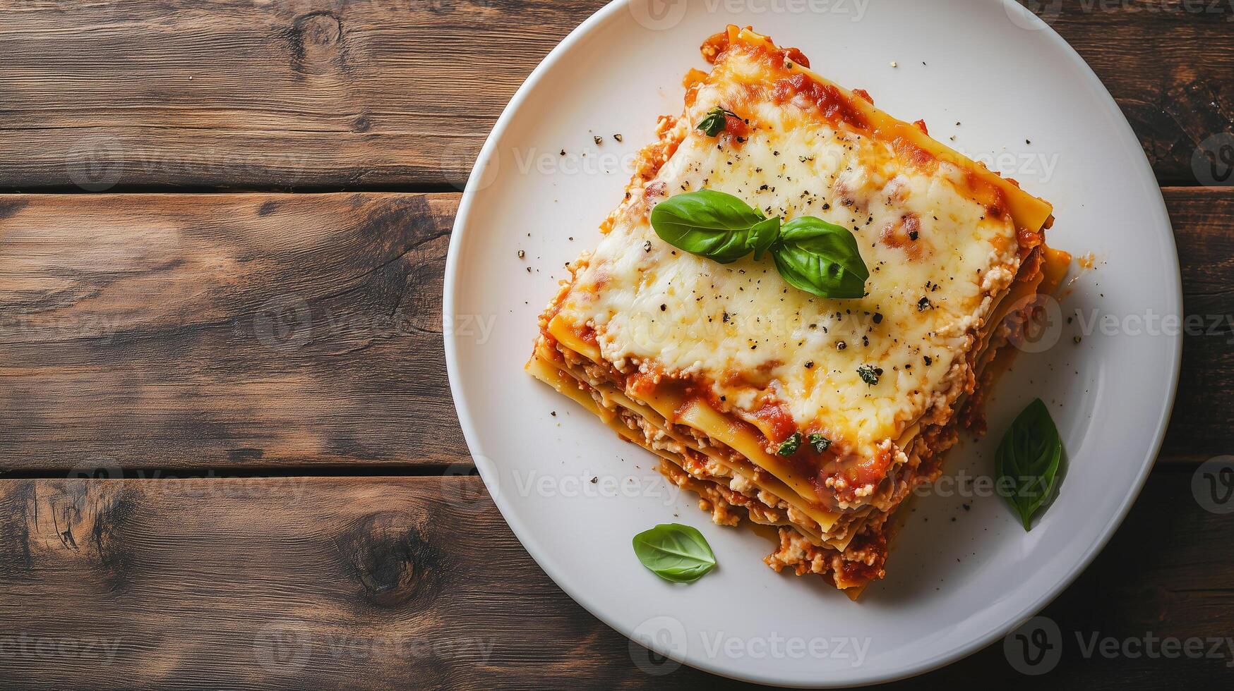Slice of layered lasagna with pasta, cheese, and sauce, served with garlic bread, gastronomy photography photo