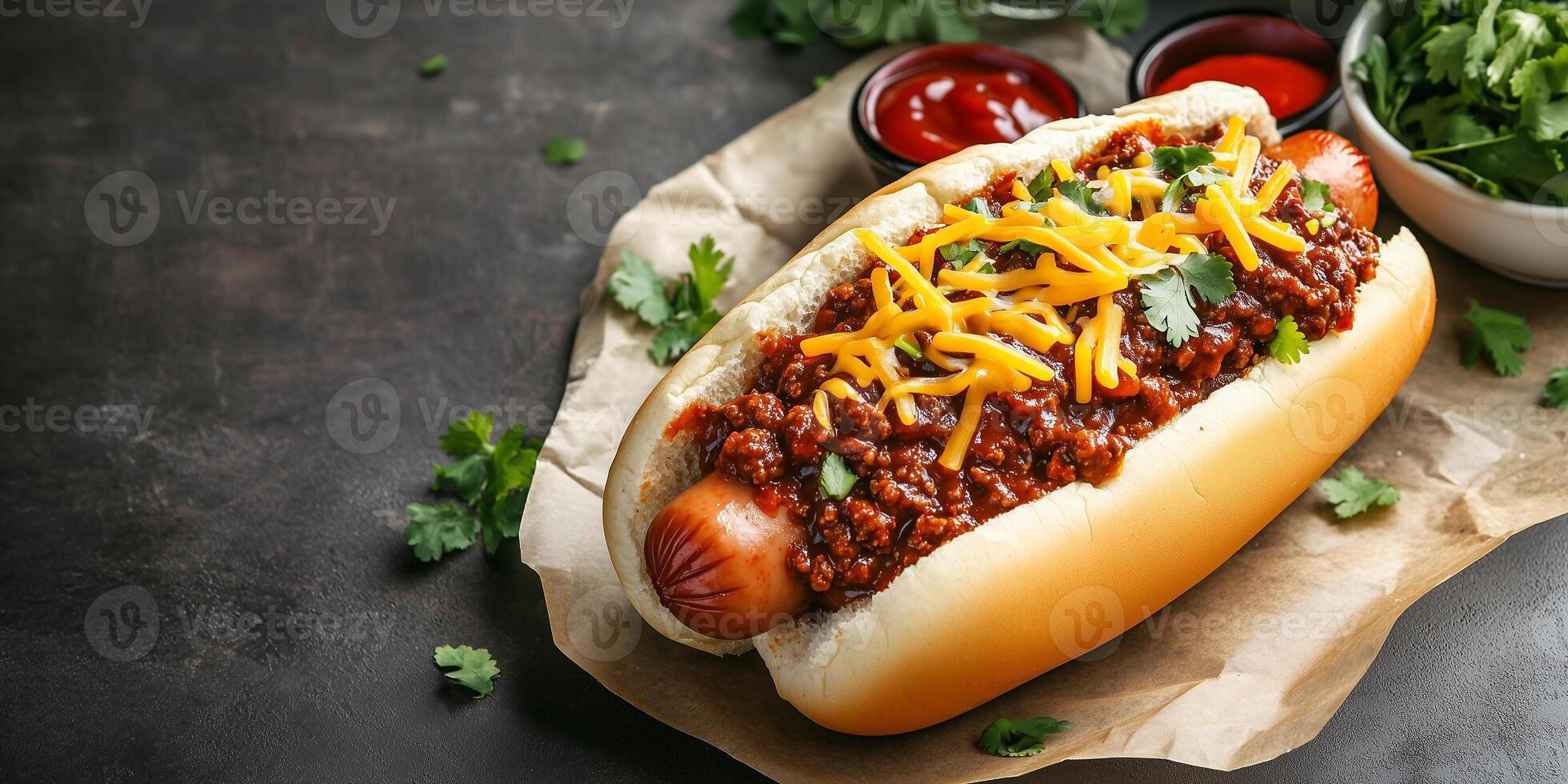 Chili dog on a soft bun with chili and cheese, served with condiments, photorealistic food photo