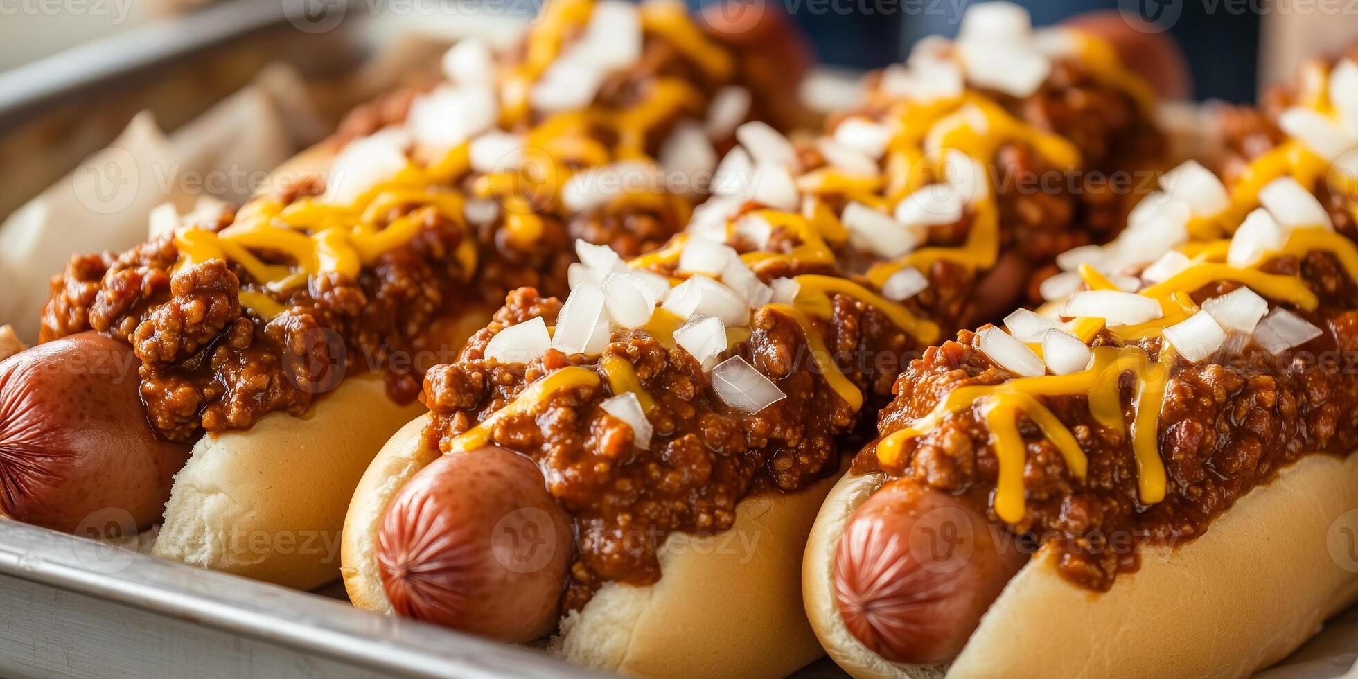 Chili dogs on a tray, topped with chili, cheese, and onions, gastronomy photography photo