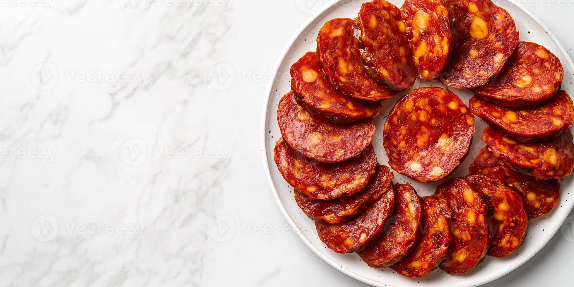Chorizo slices arranged in a circle on a small serving plate, photorealistic food photo