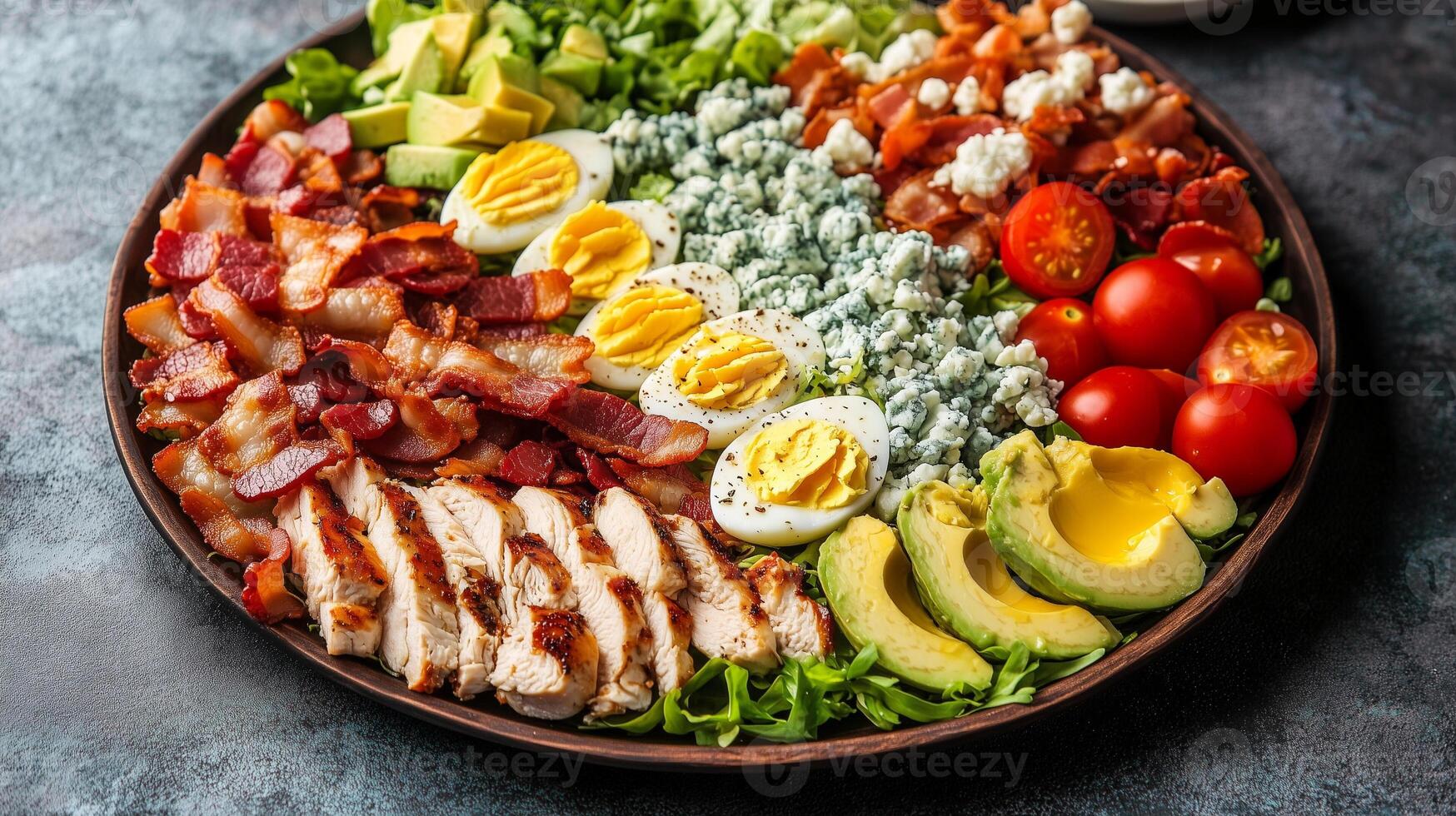 Cobb salad in a shallow dish with rows of chicken, bacon, eggs, avocado, tomatoes, and blue cheese, photorealistic food photo