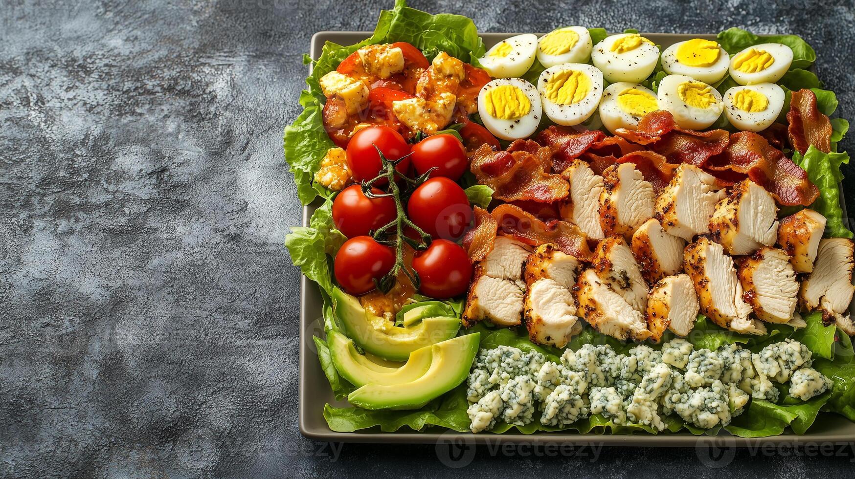Cobb salad on a square plate with rows of chicken, bacon, eggs, avocado, tomatoes, and blue cheese, gastronomy photography photo