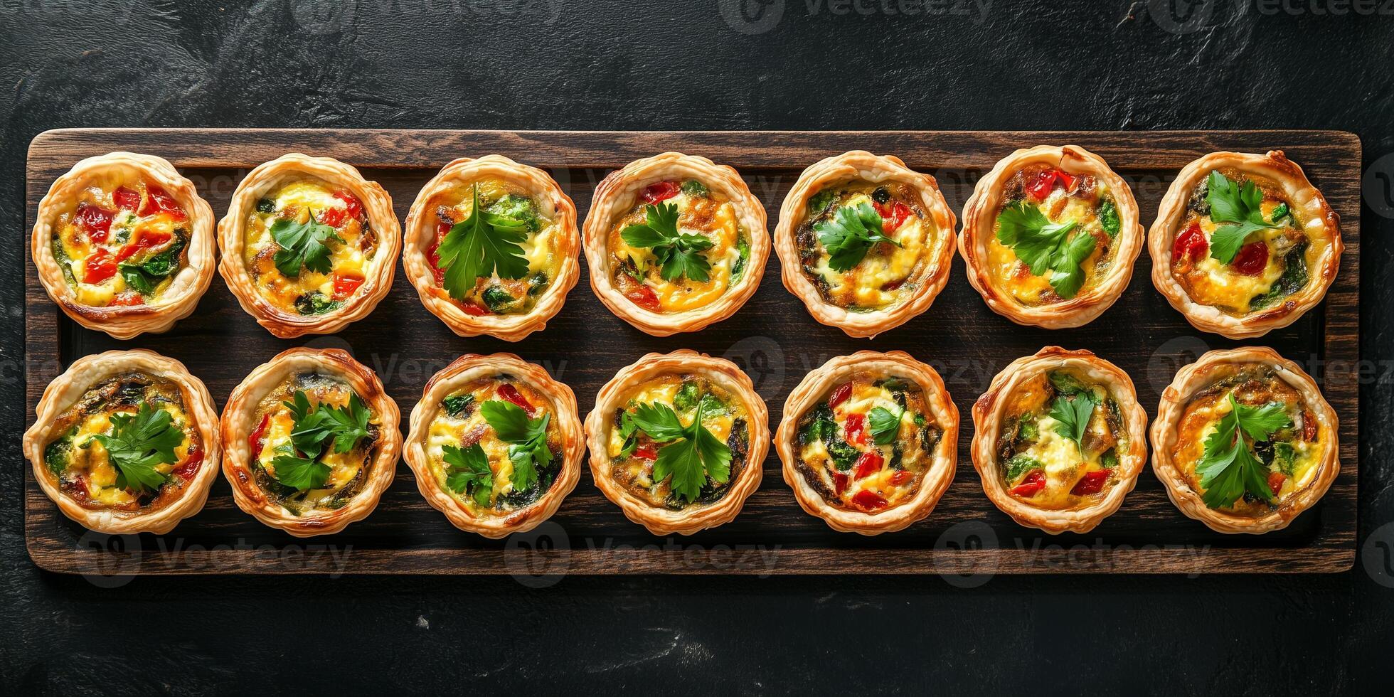 Mini quiches laid out neatly in a row on a long tray, photorealistic food photo
