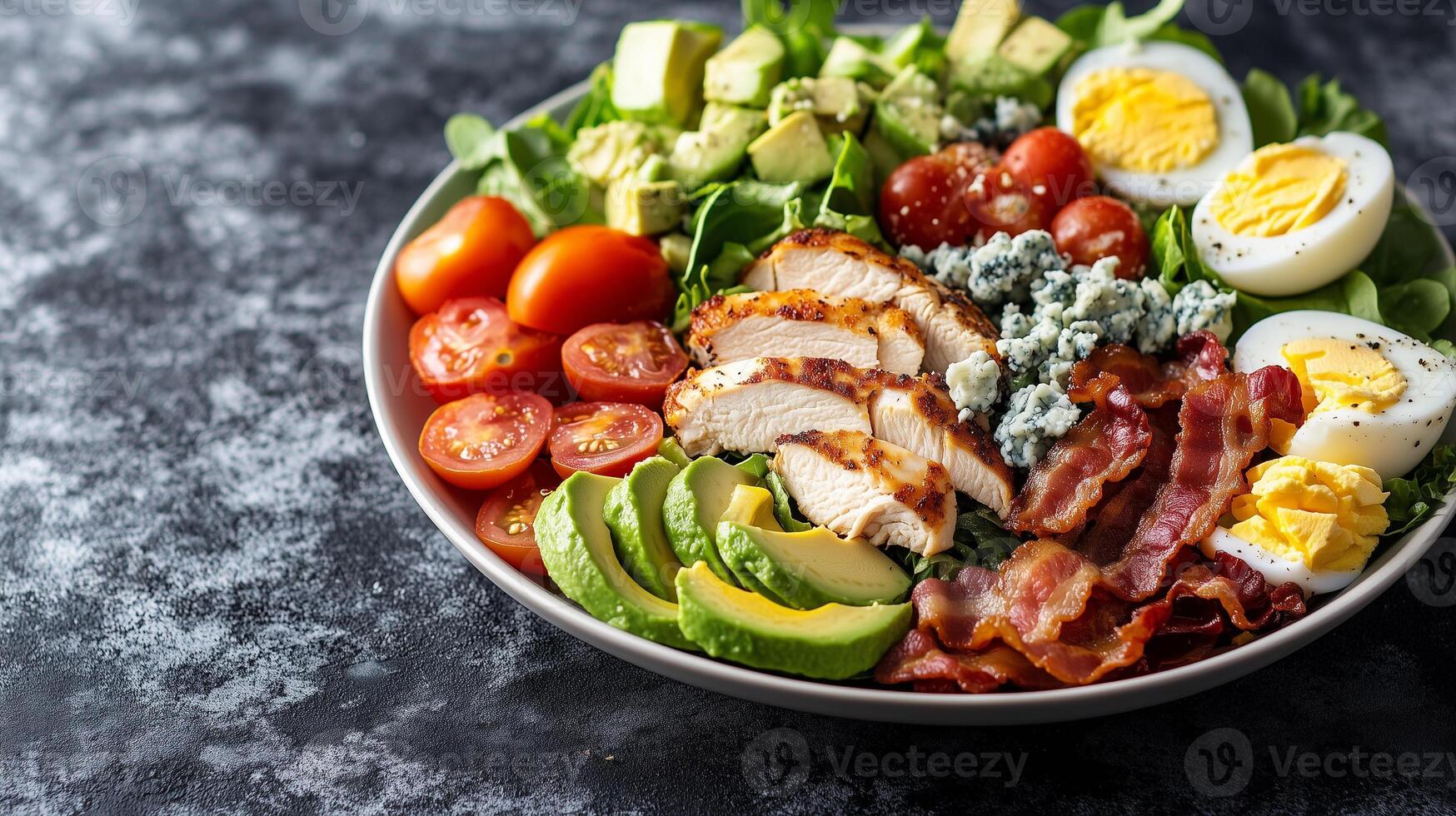 Cobb salad on a serving dish with chicken, bacon, avocado, eggs, tomatoes, and blue cheese crumbles, photorealistic food photo