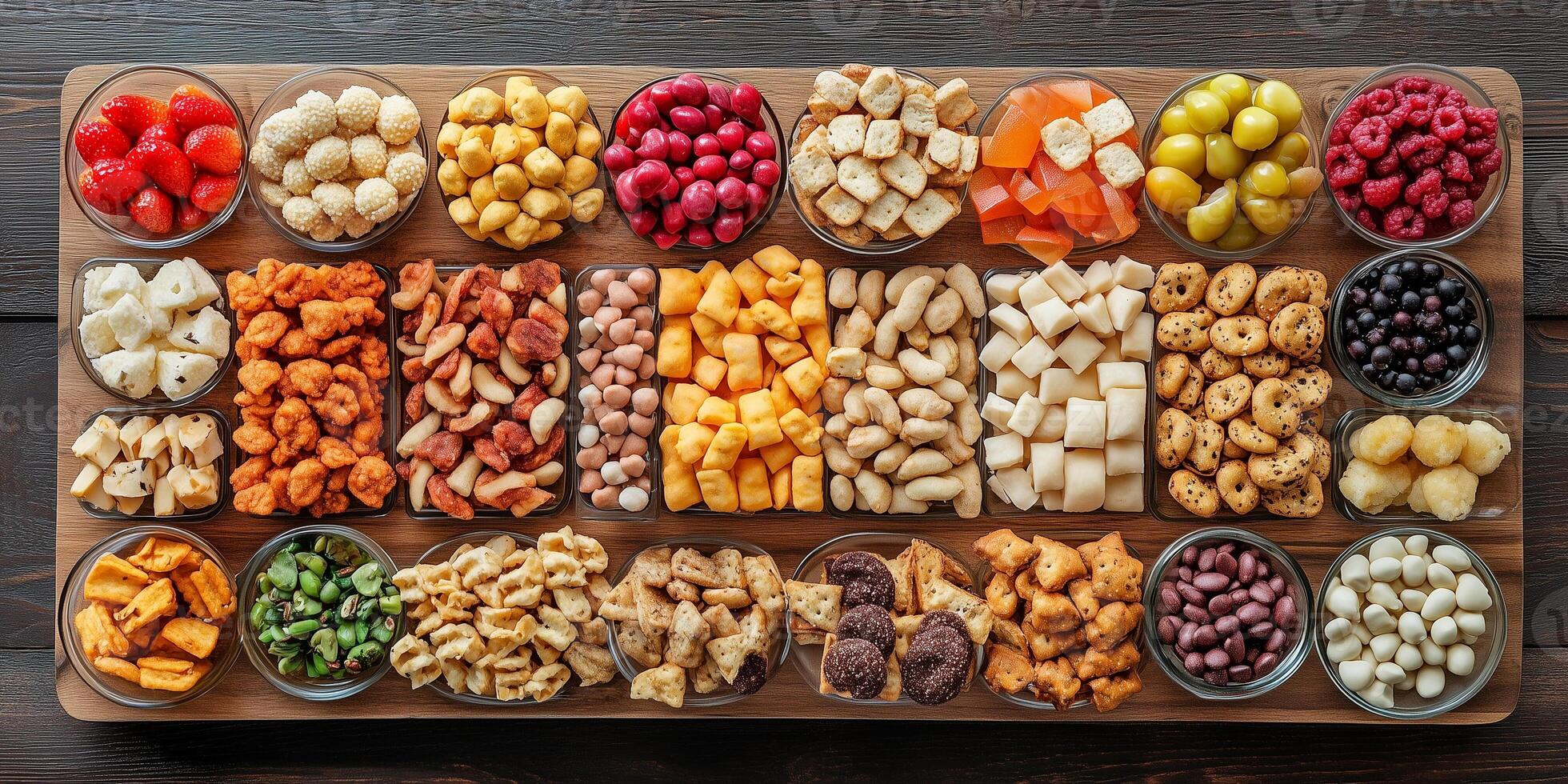 Various bite-sized snacks displayed on a wooden board in organized pattern, photorealistic food photo