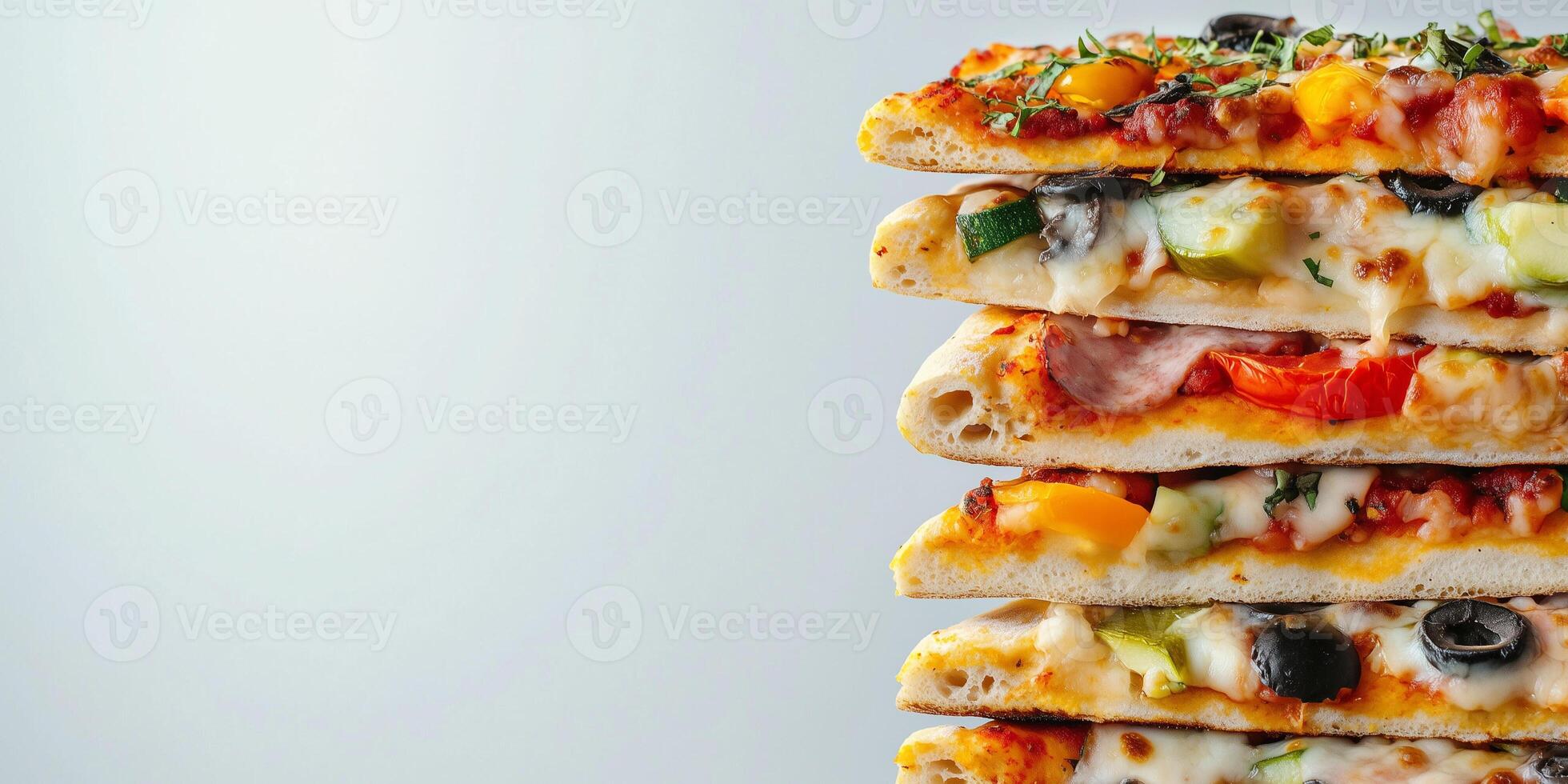 Vegetarian pizza slices stacked on top of each other showing different vegetable toppings, photorealistic food photo