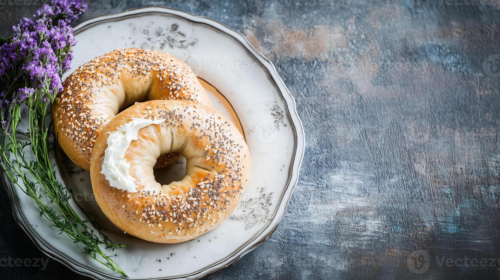 Bagel cut in half, each side with spread, centered on a plate, food setting photo